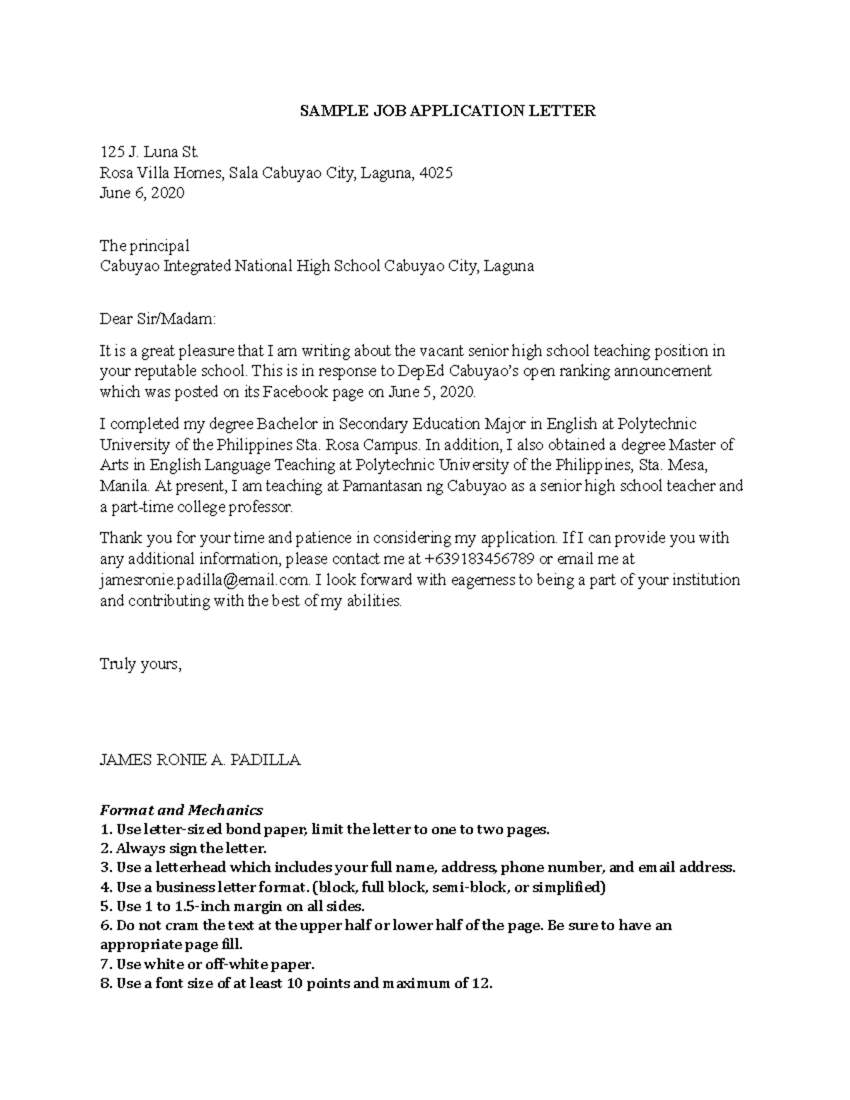 Effective Sample JOB Application Letter for Teaching Position - Studocu