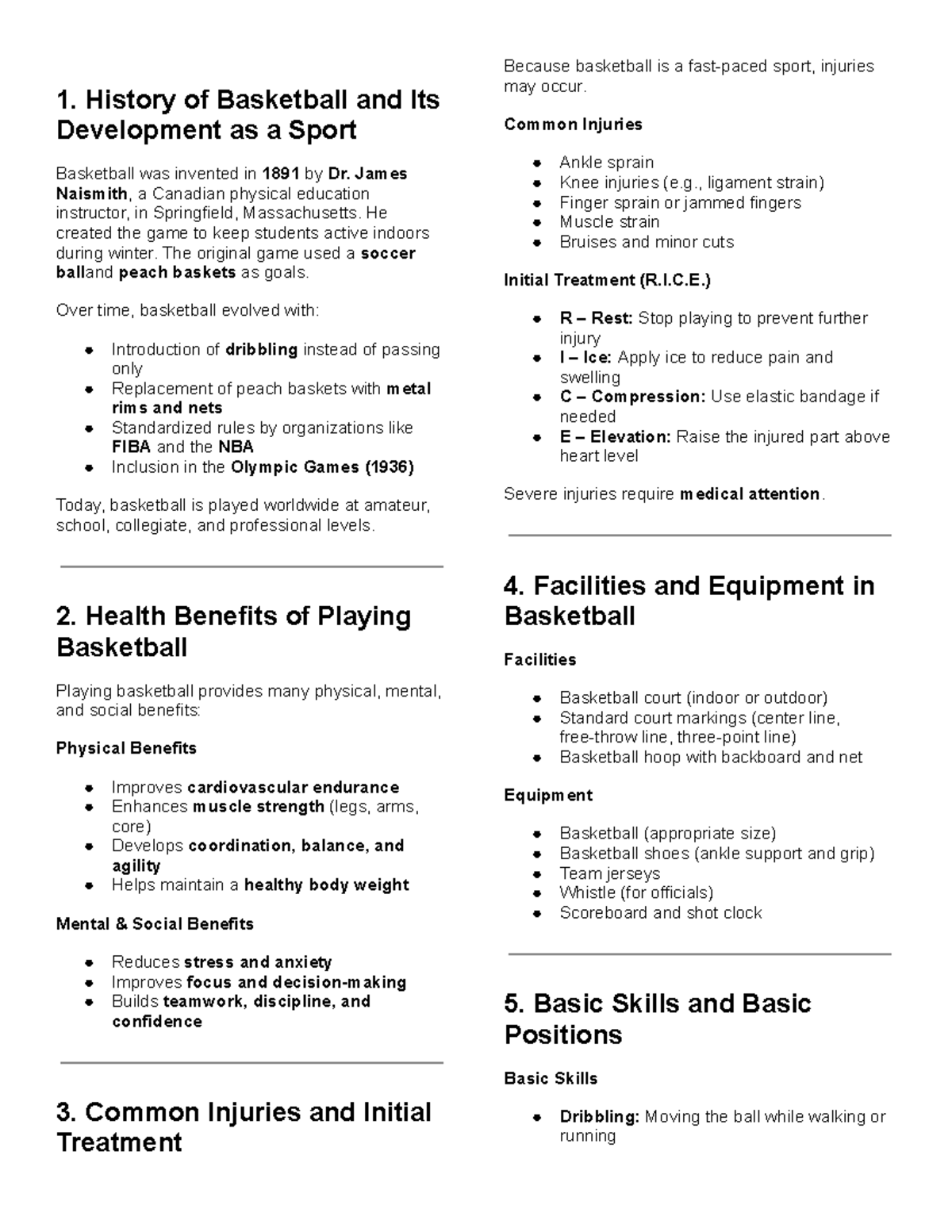 PE Notes: History, Skills, and Benefits of Basketball - Studocu
