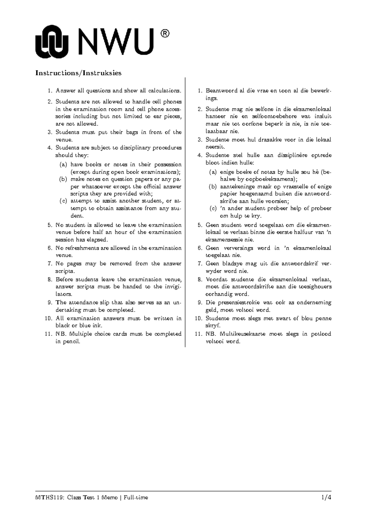 MTHS119: Class Test 1 Memo Guidelines and Solutions 2025 - Studocu