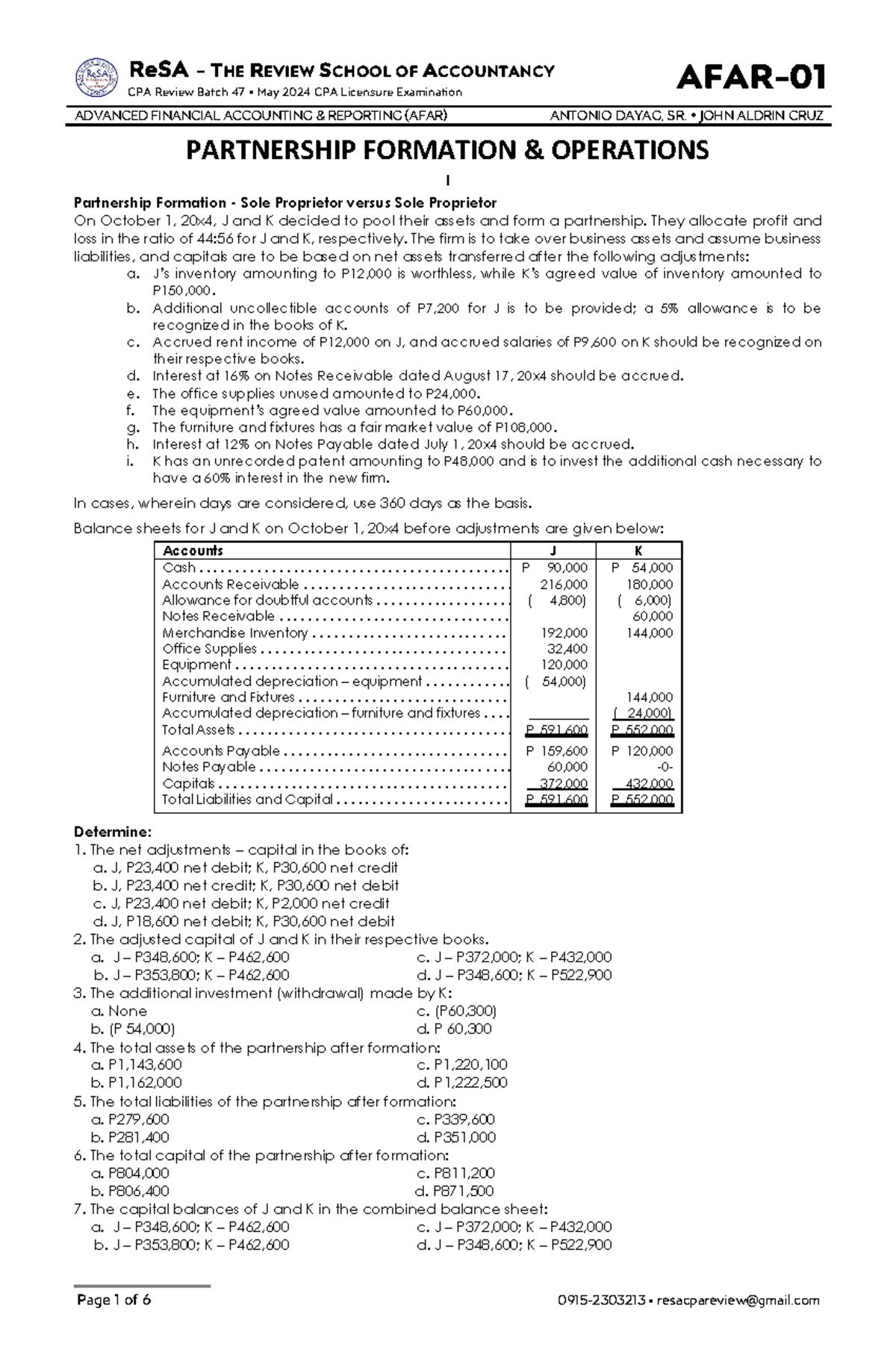 AFAR 01 Partnership Formation and Operations Review for CPA Exam - Studocu