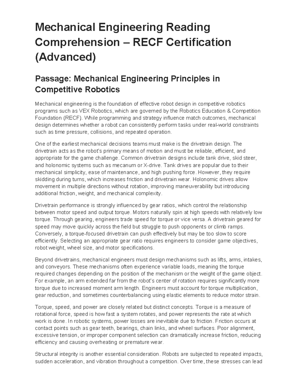 Mechanical Engineering Principles in Competitive Robotics - RECF ...