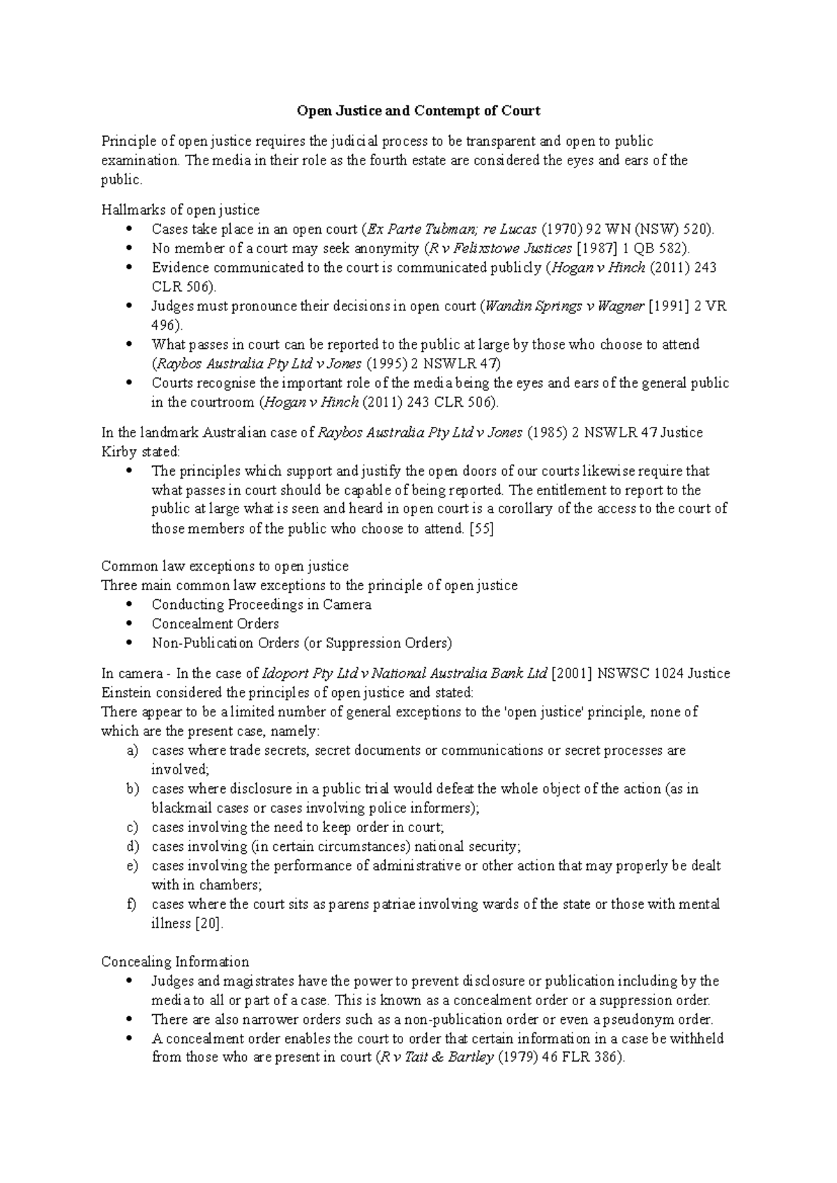 Open Justice & Contempt of Court: Key Principles & Cases - Studocu
