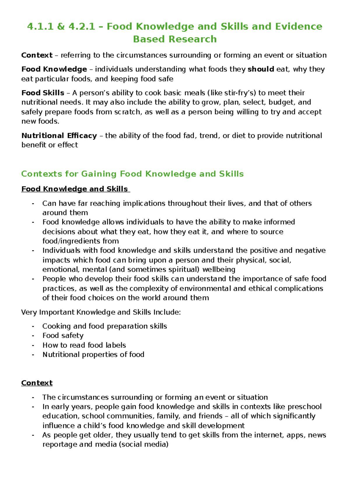 Full Notes - 4.1 & 4.2 – Food Knowledge and Skills and Evidence Based ...