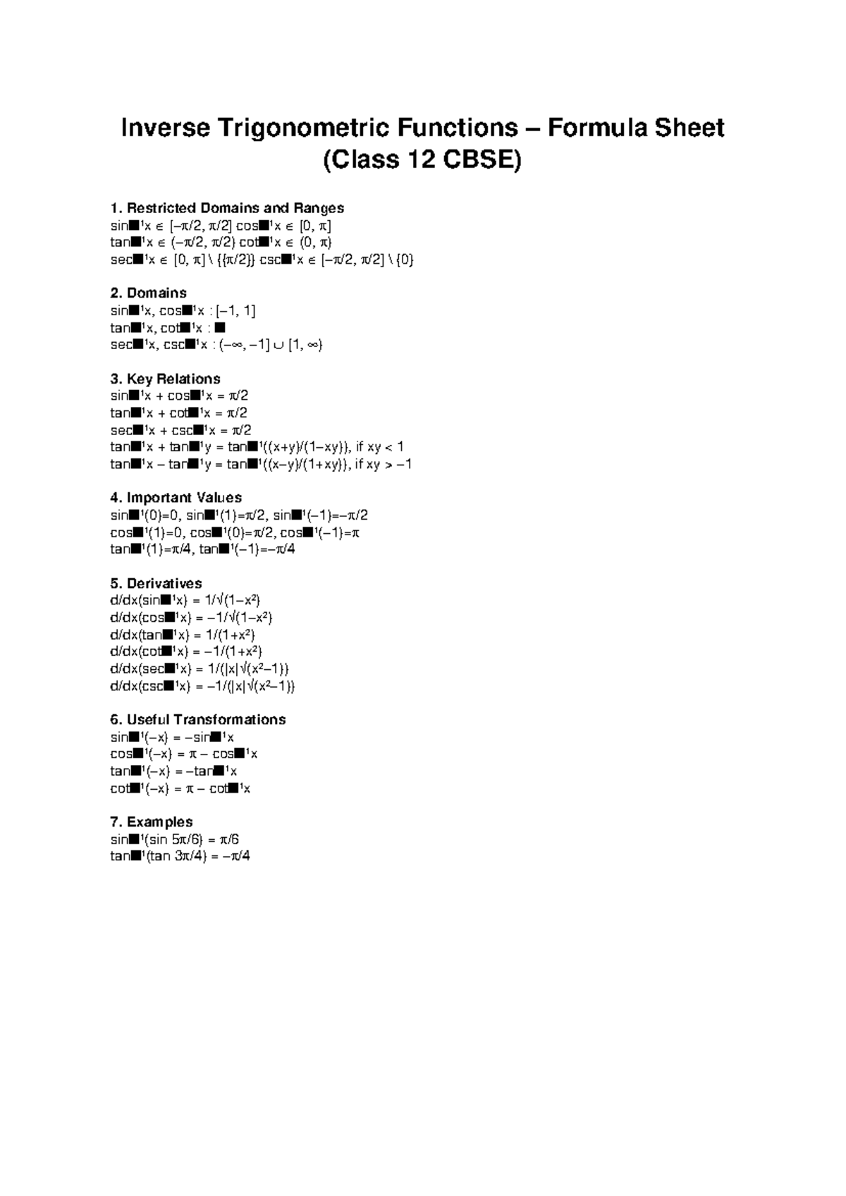 Inverse Trigonometric Functions Formula Sheet CBSE Class 12 - Inverse ...