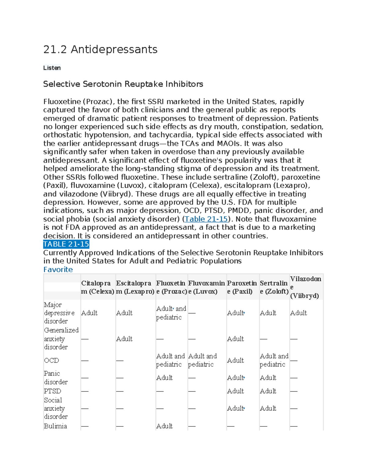 Antidepressant Medications Overview: SSRIs, SNRIs, and TCAs (21.2 ...