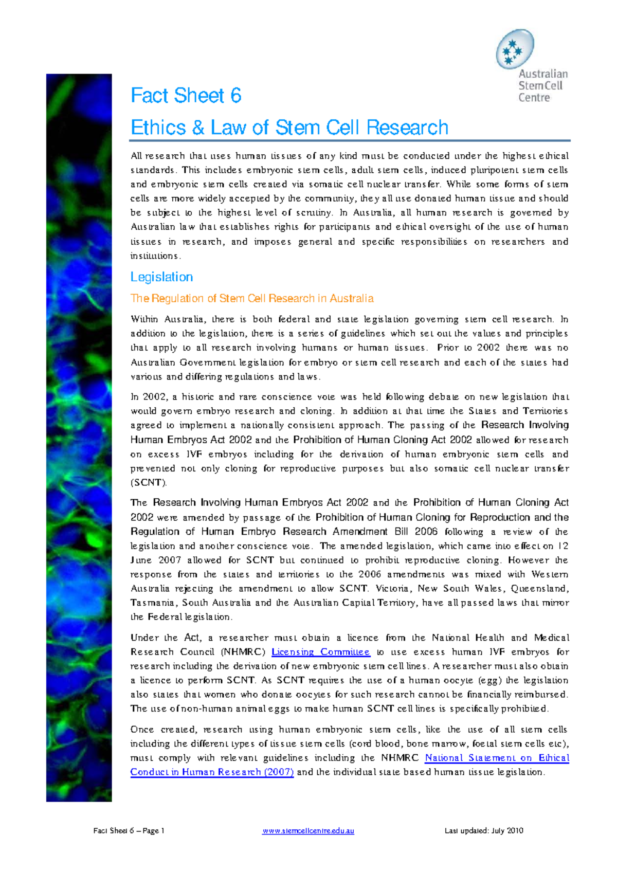 Ethics and Legislation of Stem Cell Research in Australia - Fact Sheet ...