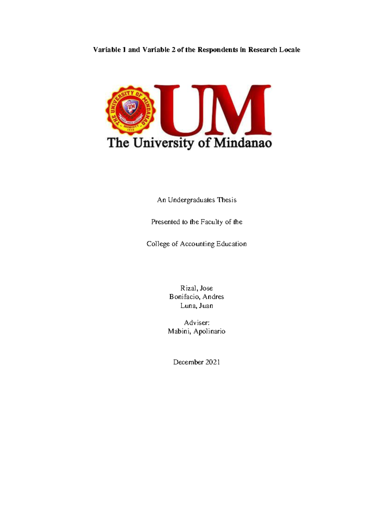 ACC 328 Thesis: Analysis of Variable 1 & Variable 2 in Research Locale ...