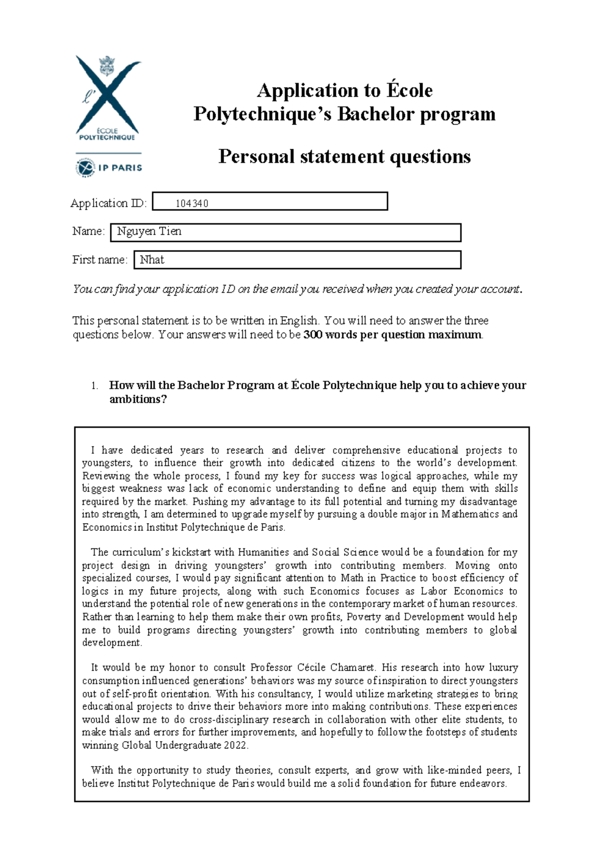 Personal Statement for Admission - Ecole Polytechnique Bachelor Program ...