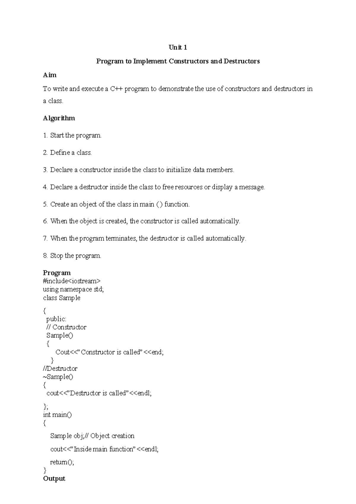 Unit 1: Implementing Constructors, Destructors, and Memory Management ...