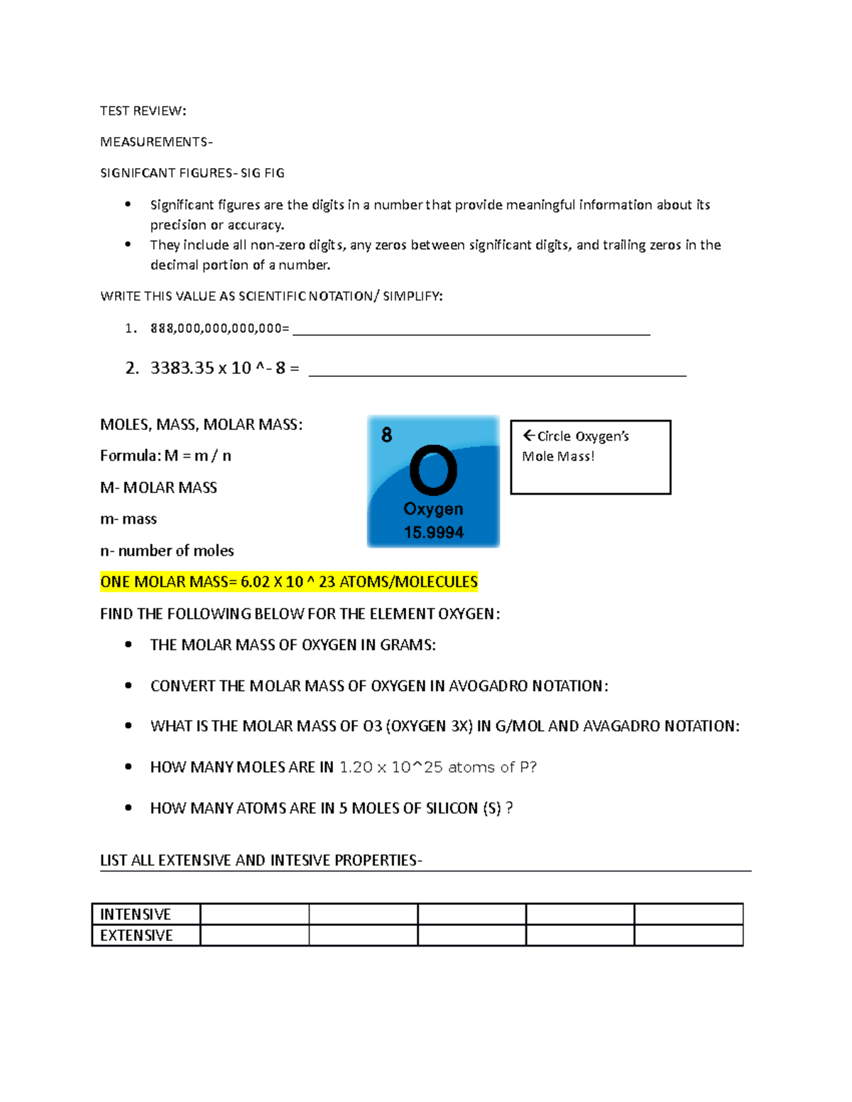 UNIT 2 Chemistry TEST Review: Measurements, Molar Mass & Density - Studocu