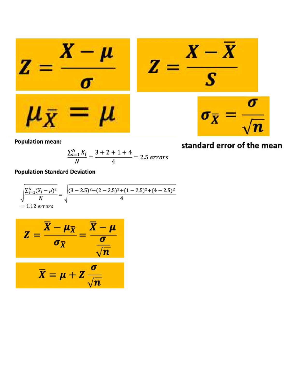 ALL Formulas TEST 2 - QMS 210 - QMS210 - X Z Z o S u ox n Population ...