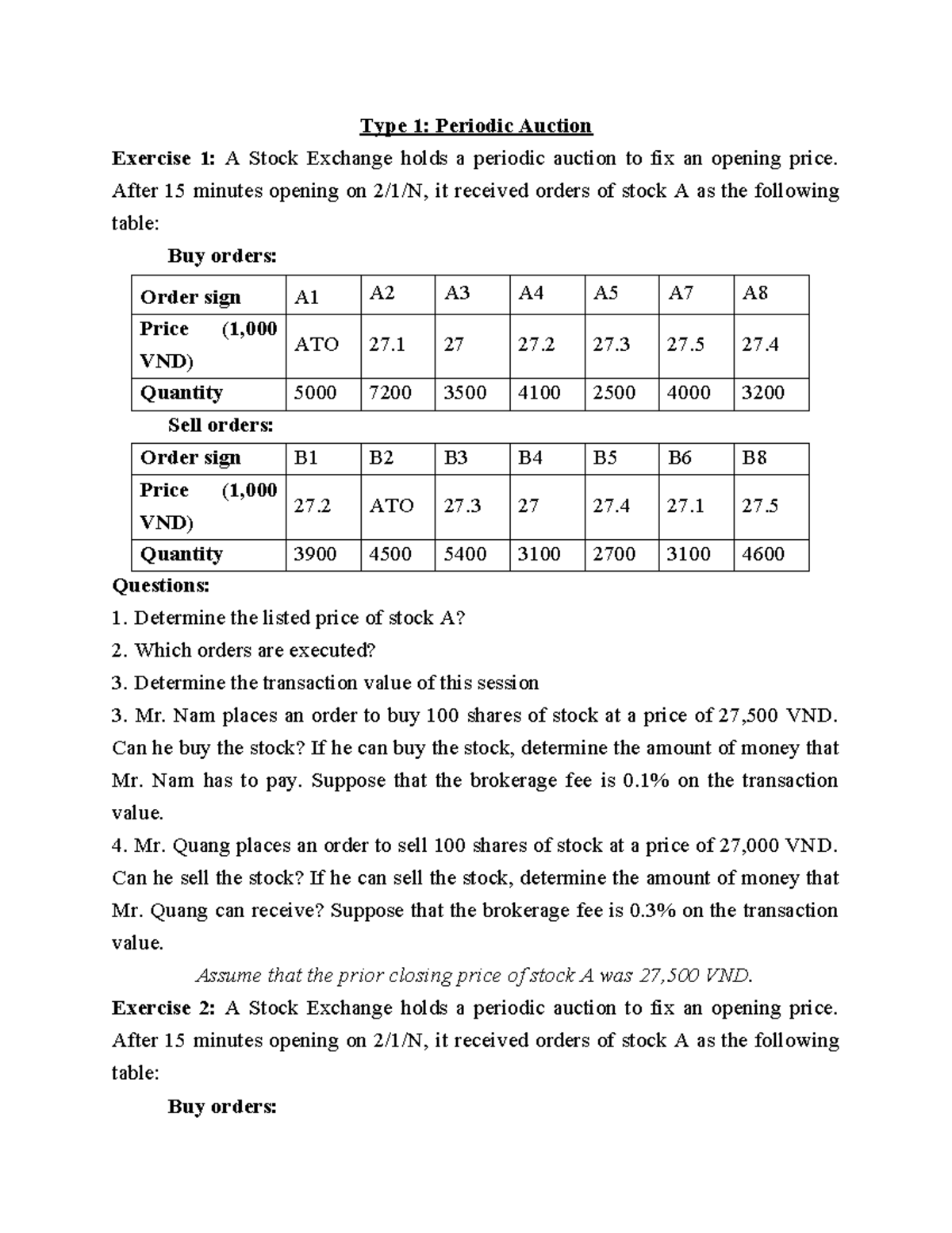 Periodic Auction Exercise 1: Stock A Price Determination & Orders ...