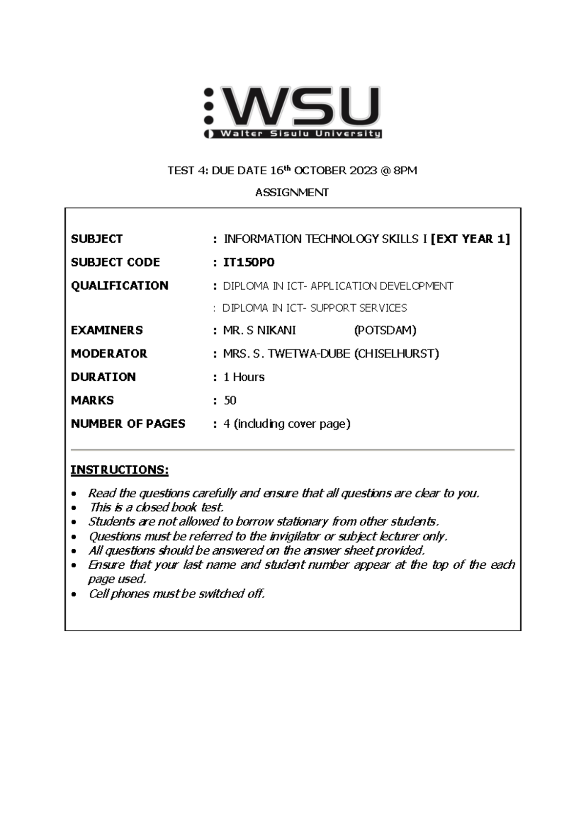 IT 150 P - Test 4: IT Skills I Question Paper, Due 16th Oct 2023 - Studocu