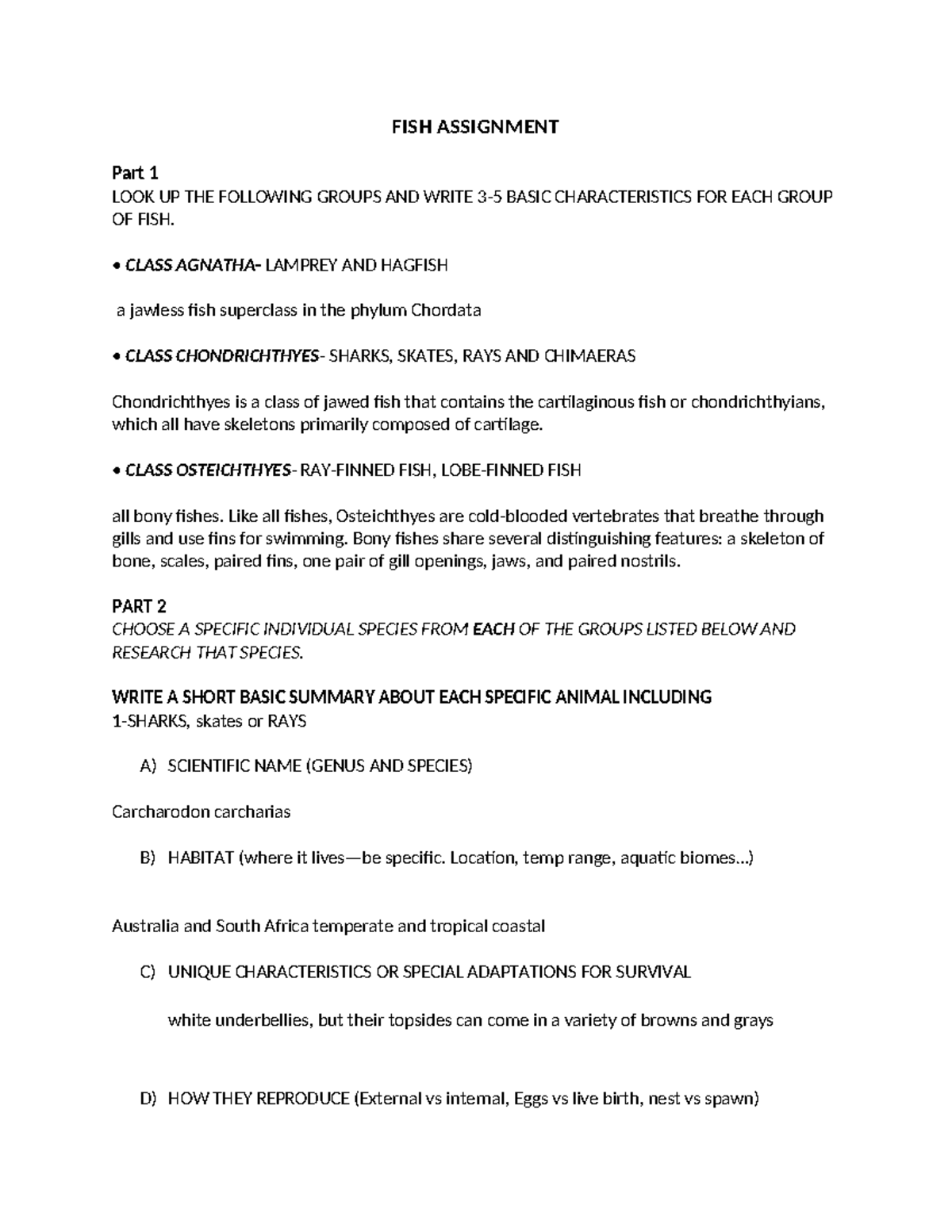 FISH Assignment 2020: Characteristics & Research of Key Species - Studocu