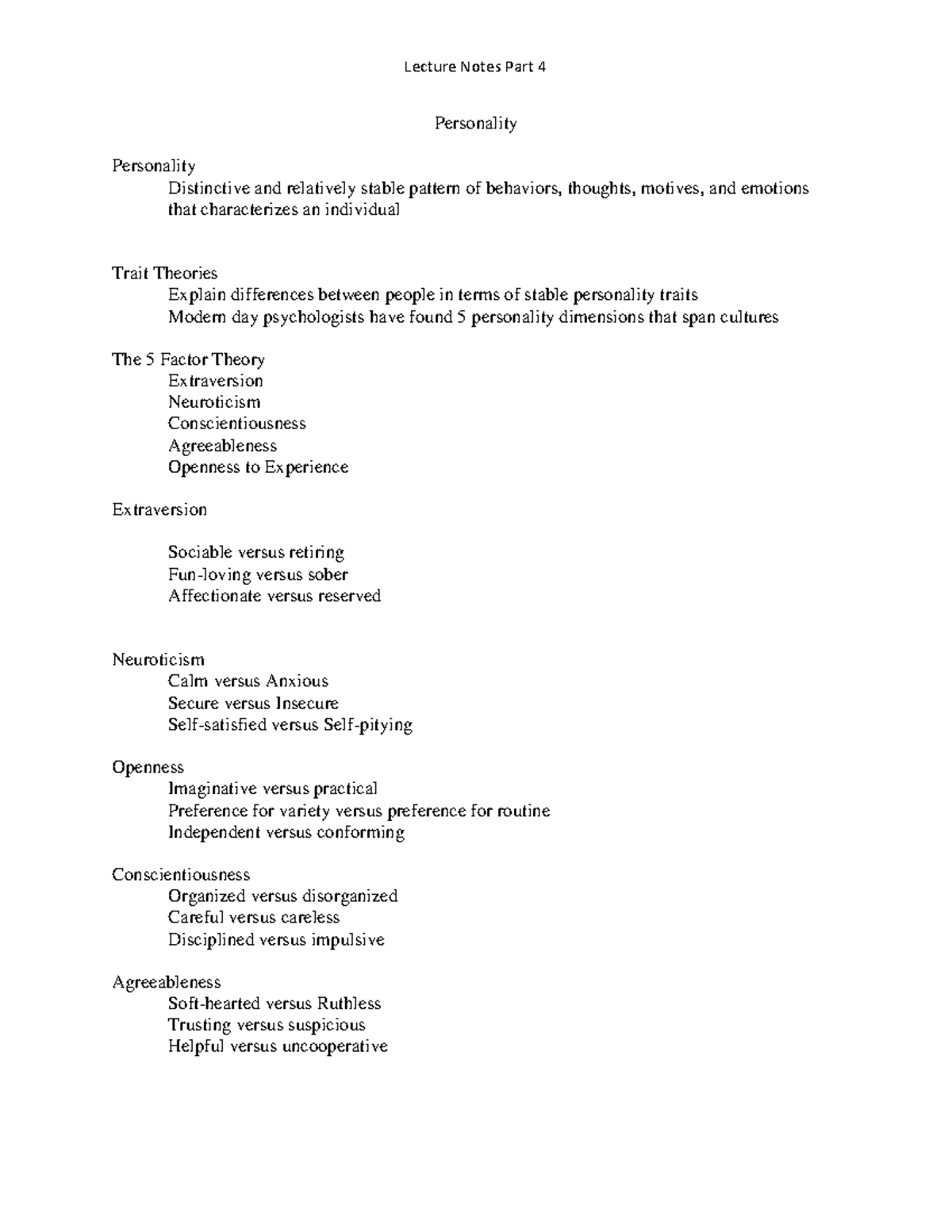 PSY101 Lecuture Notes Part 4 - Personality Personality Distinctive and ...