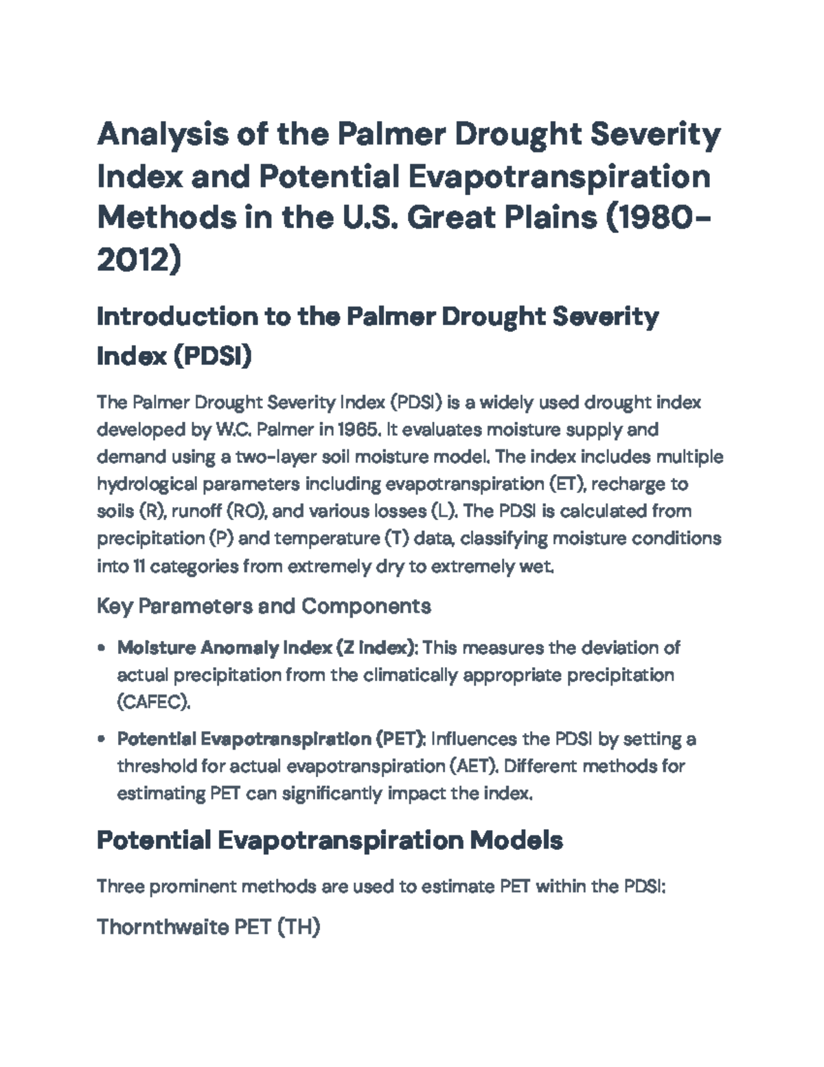 Analysis of Palmer Drought Severity Index (PDSI) & PET Models (1980 ...