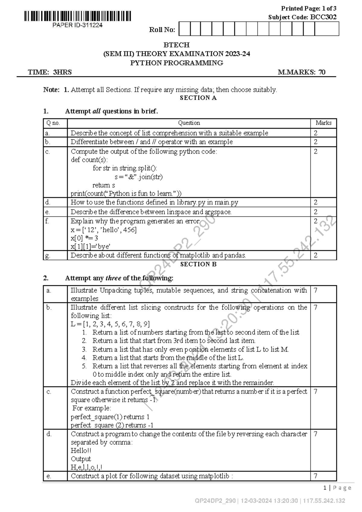 BCC302 BTECH Python Programming Theory Exam - Past Year Questions - Studocu