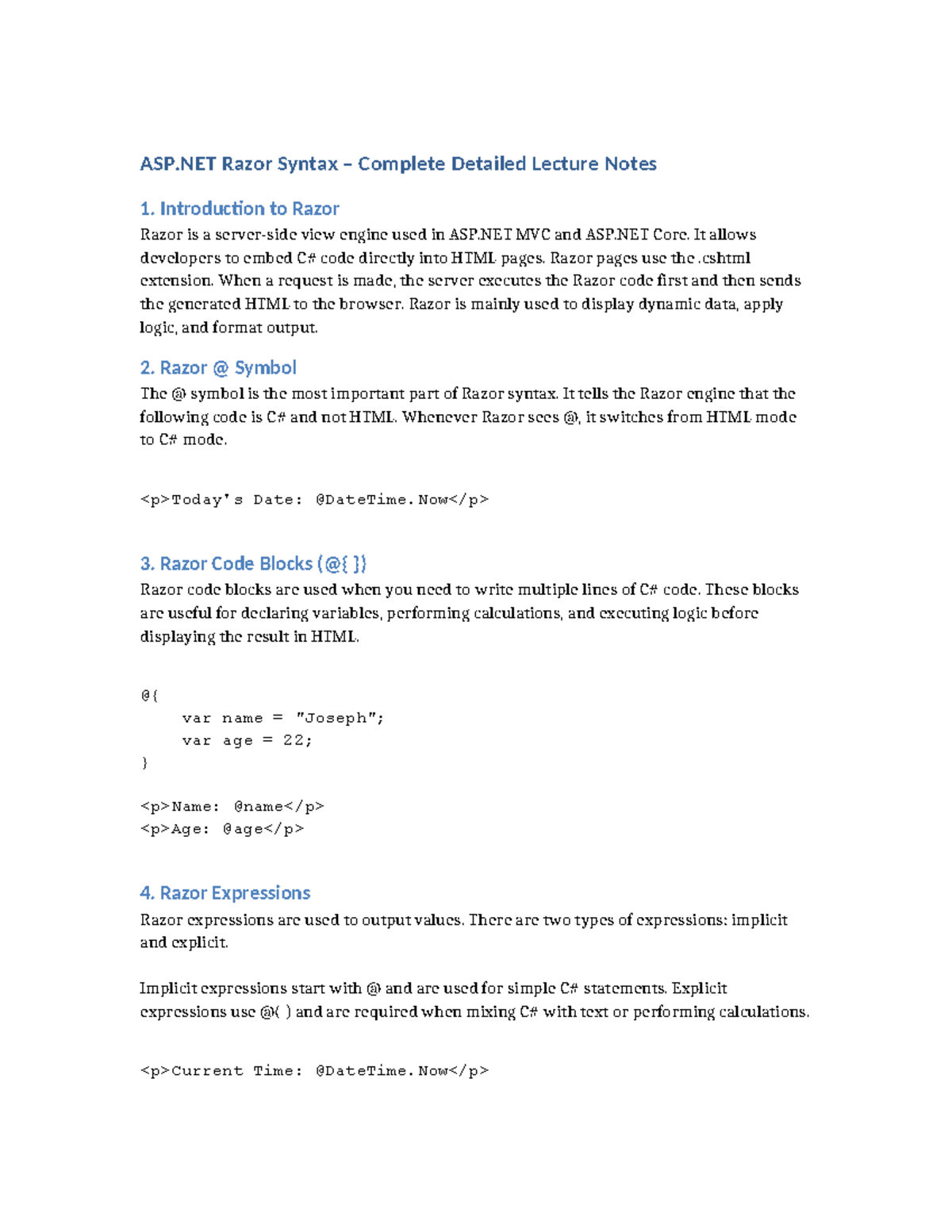 ASP.NET MVC Razor Syntax Lecture Notes: A Comprehensive Guide - Studocu