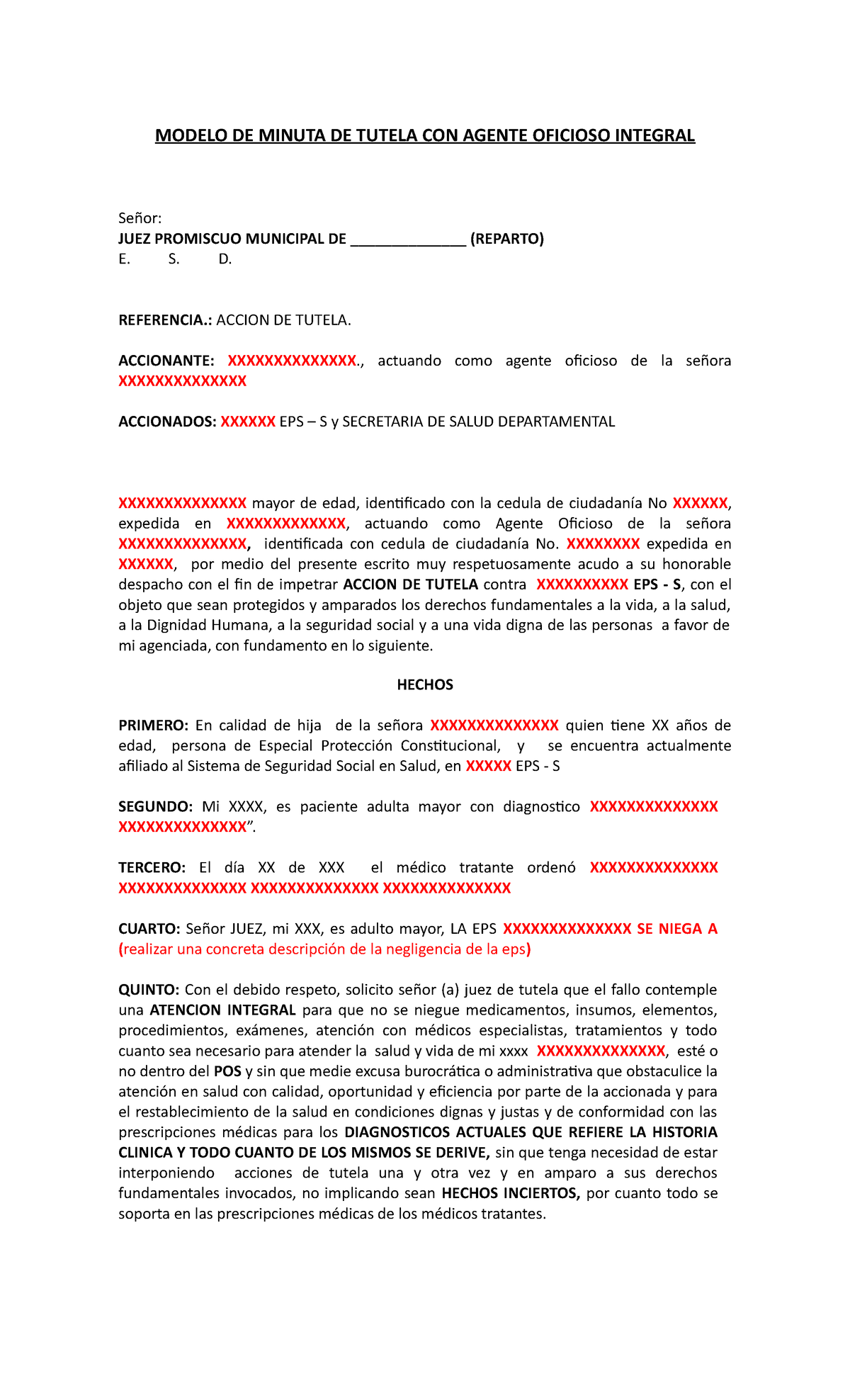 Modelo de Minuta de Tutela - Agente Oficioso Integral (Acción T) - Studocu