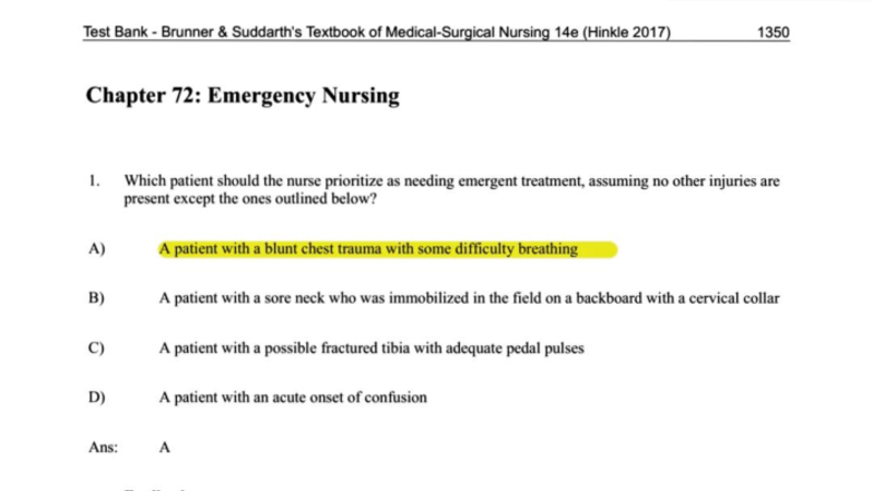 Brunner ERDN - Emergency Nursing Test Bank Insights (14e) - Studocu