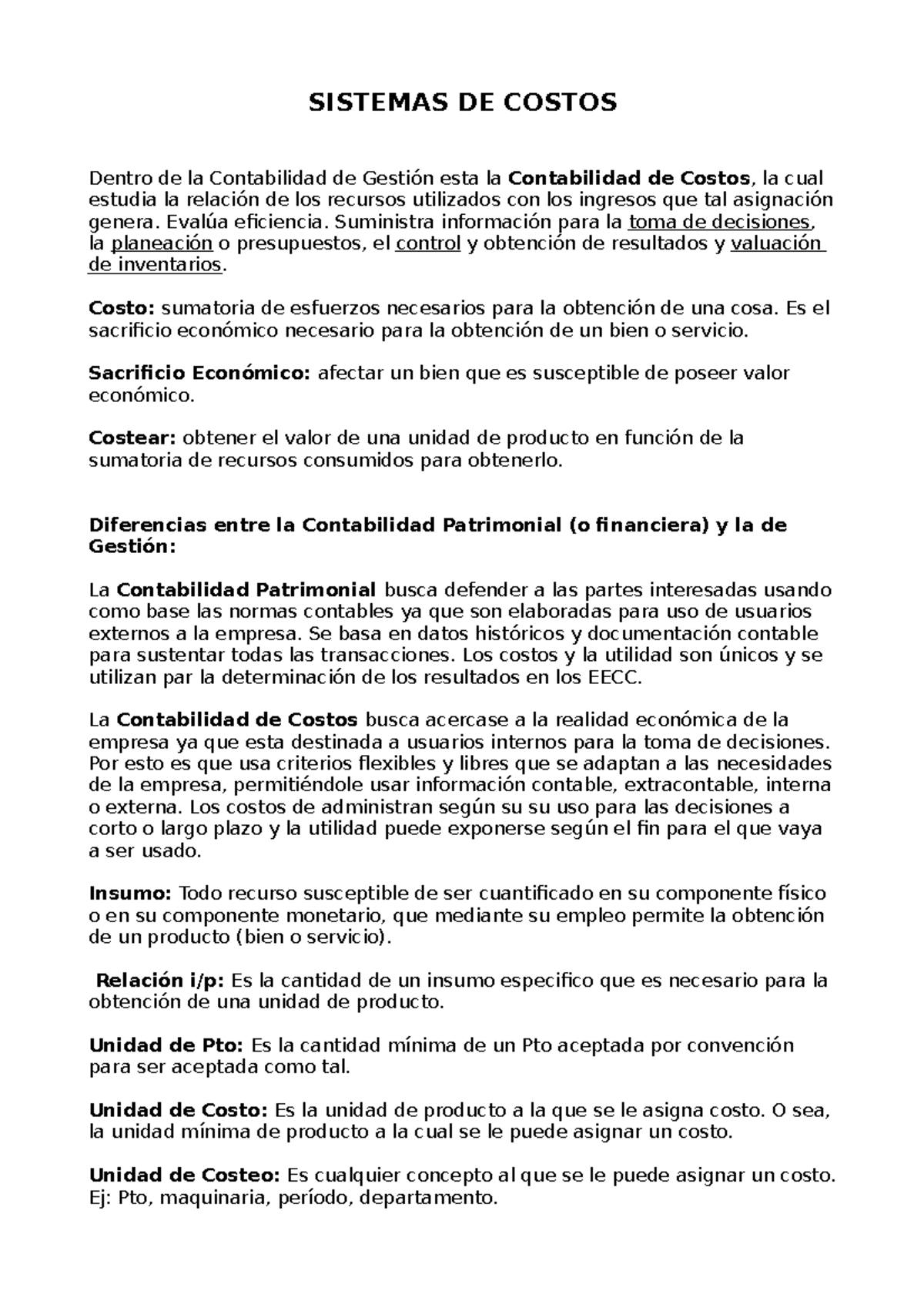 Resumen sobre Sistemas de Costos en Contabilidad de Gestión - Studocu