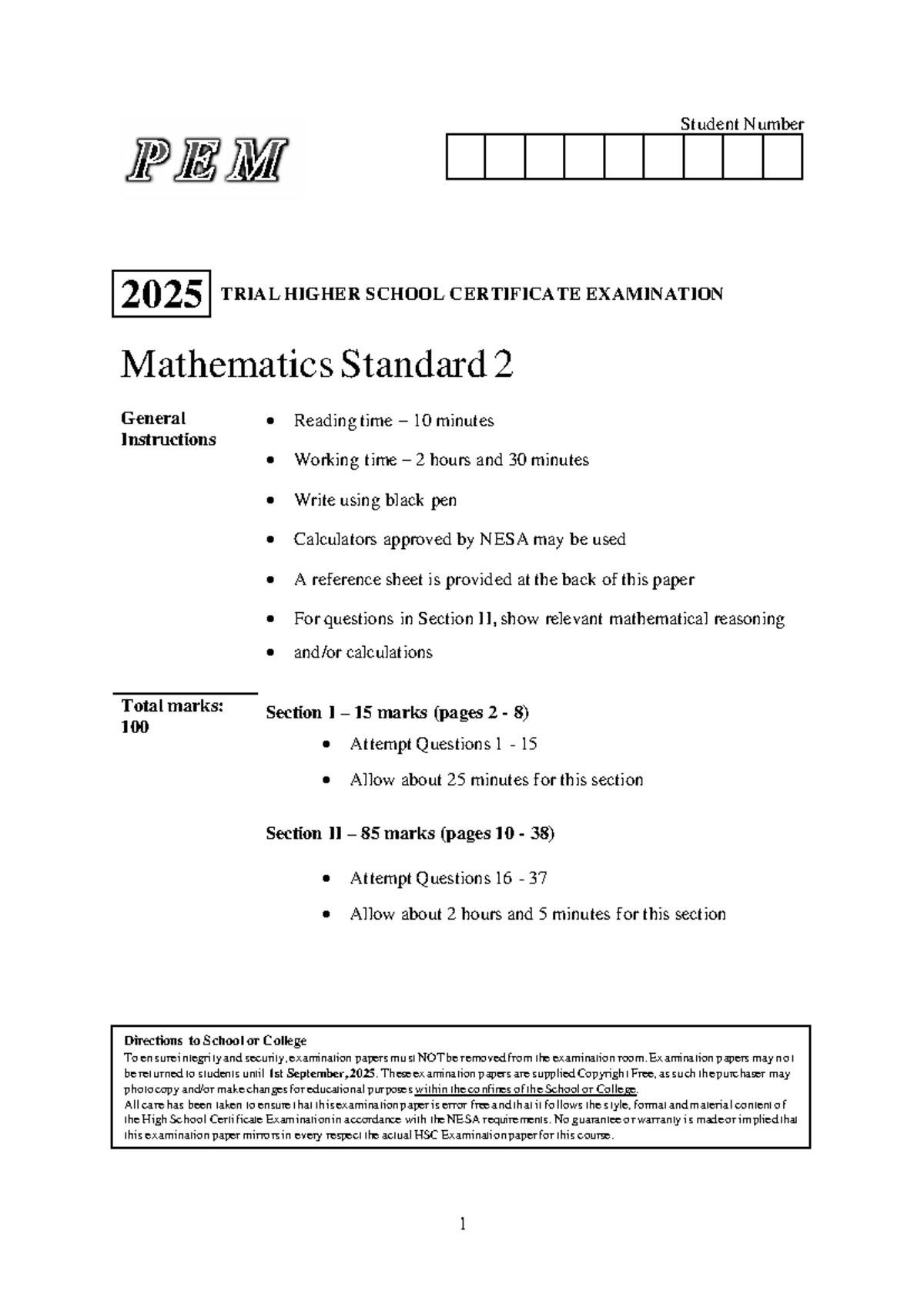 PEM 2025 Mathematics Standard 2 Trial HSC Exam Paper - Studocu