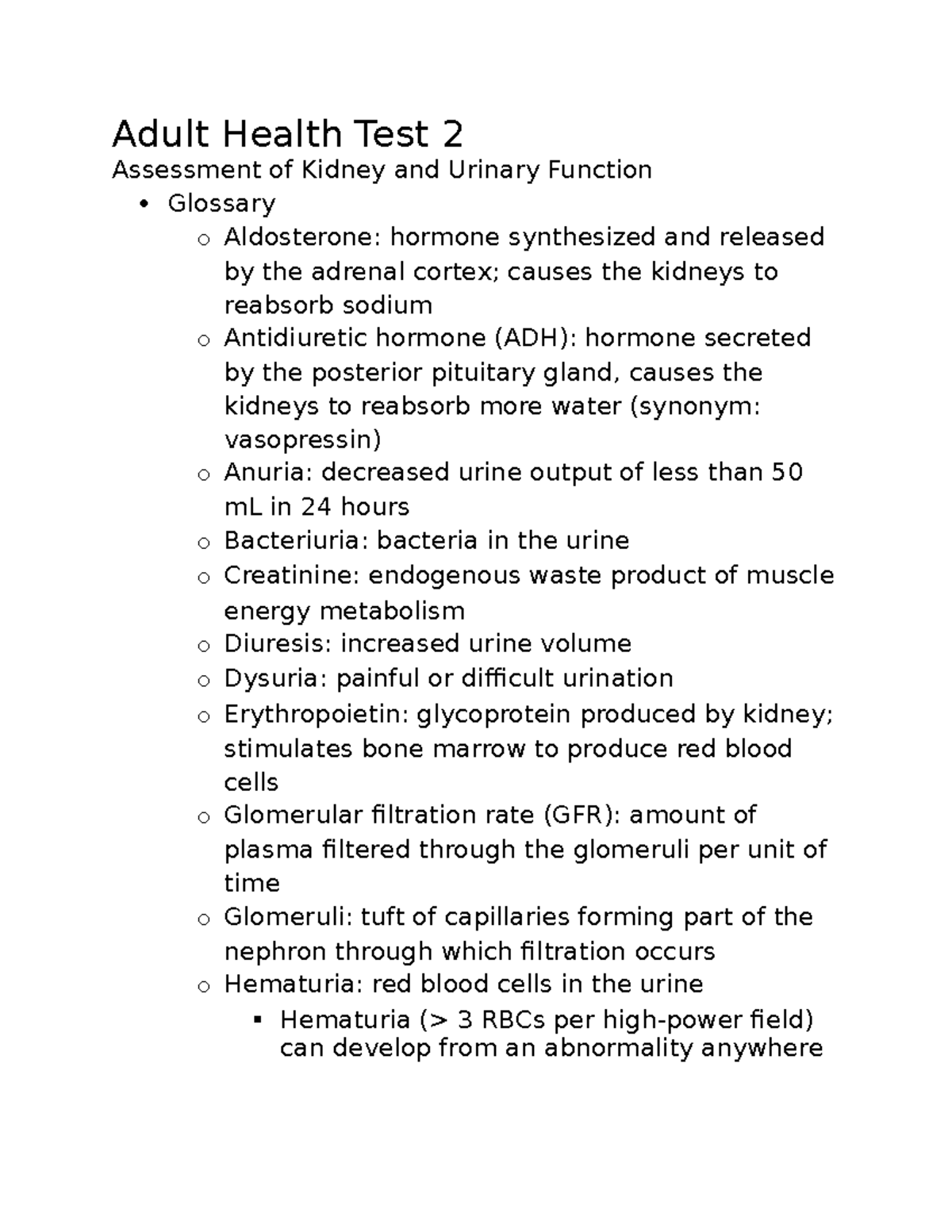 Adult Health II Exam 2 Study Guide: Kidney and Urinary Function ...