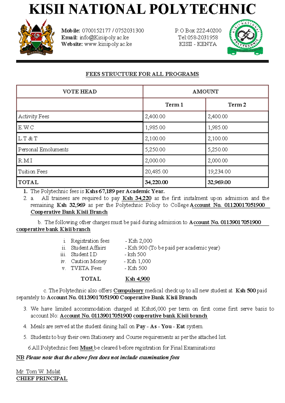 KISII POLYTECHNIC Fees Structure for 2023/2024 Academic Year - Studocu