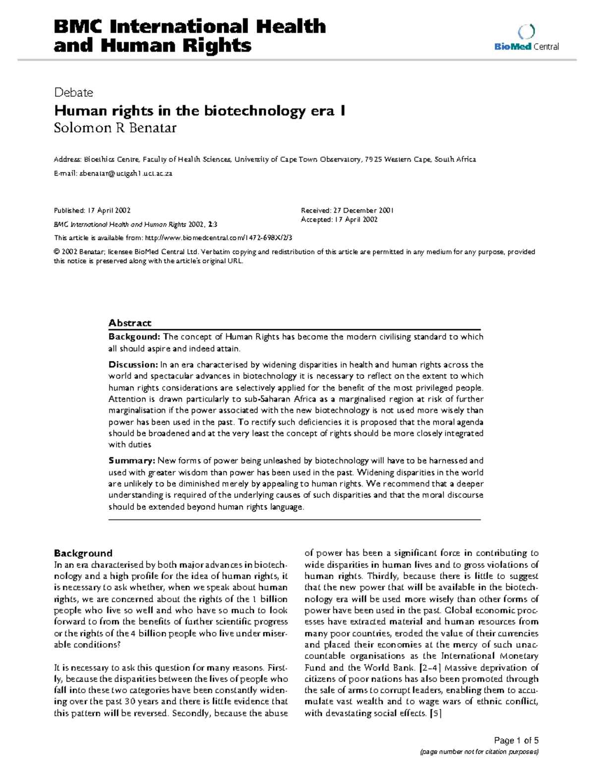 Human Rights and Biotechnology: Challenges and Perspectives BMC 2002 ...