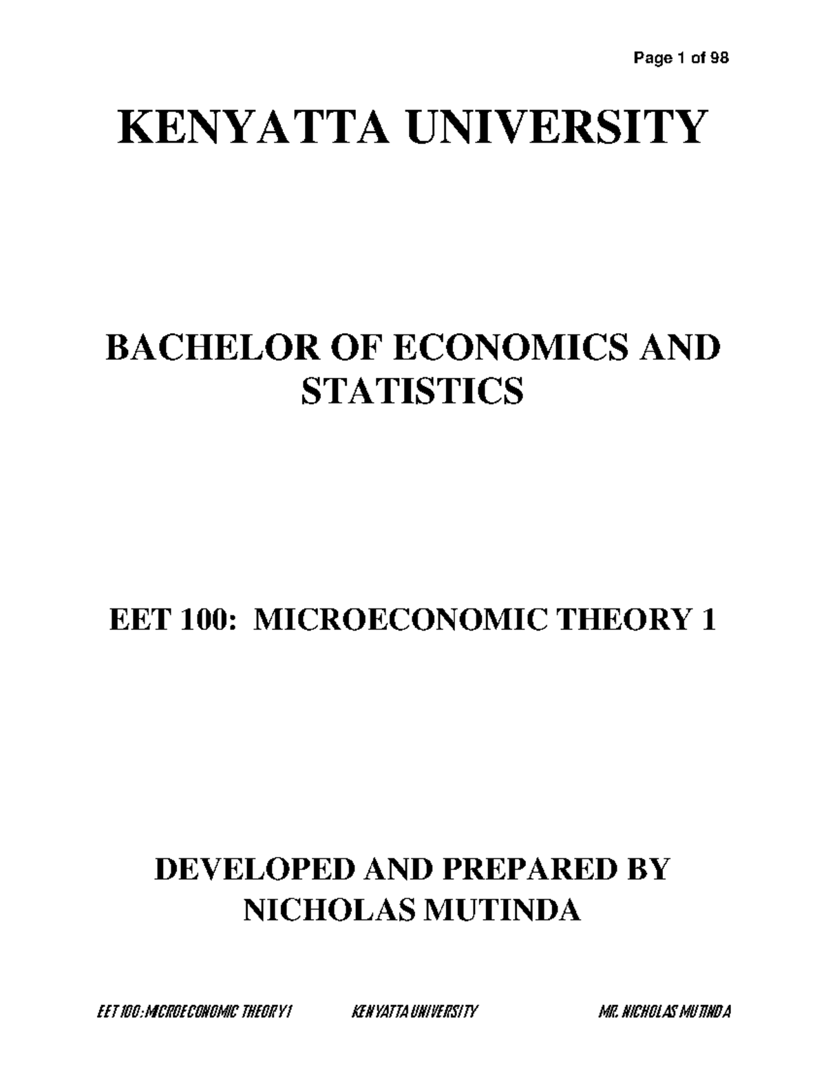 EET 100: Microeconomic Theory 1 Comprehensive Study Notes - Studocu