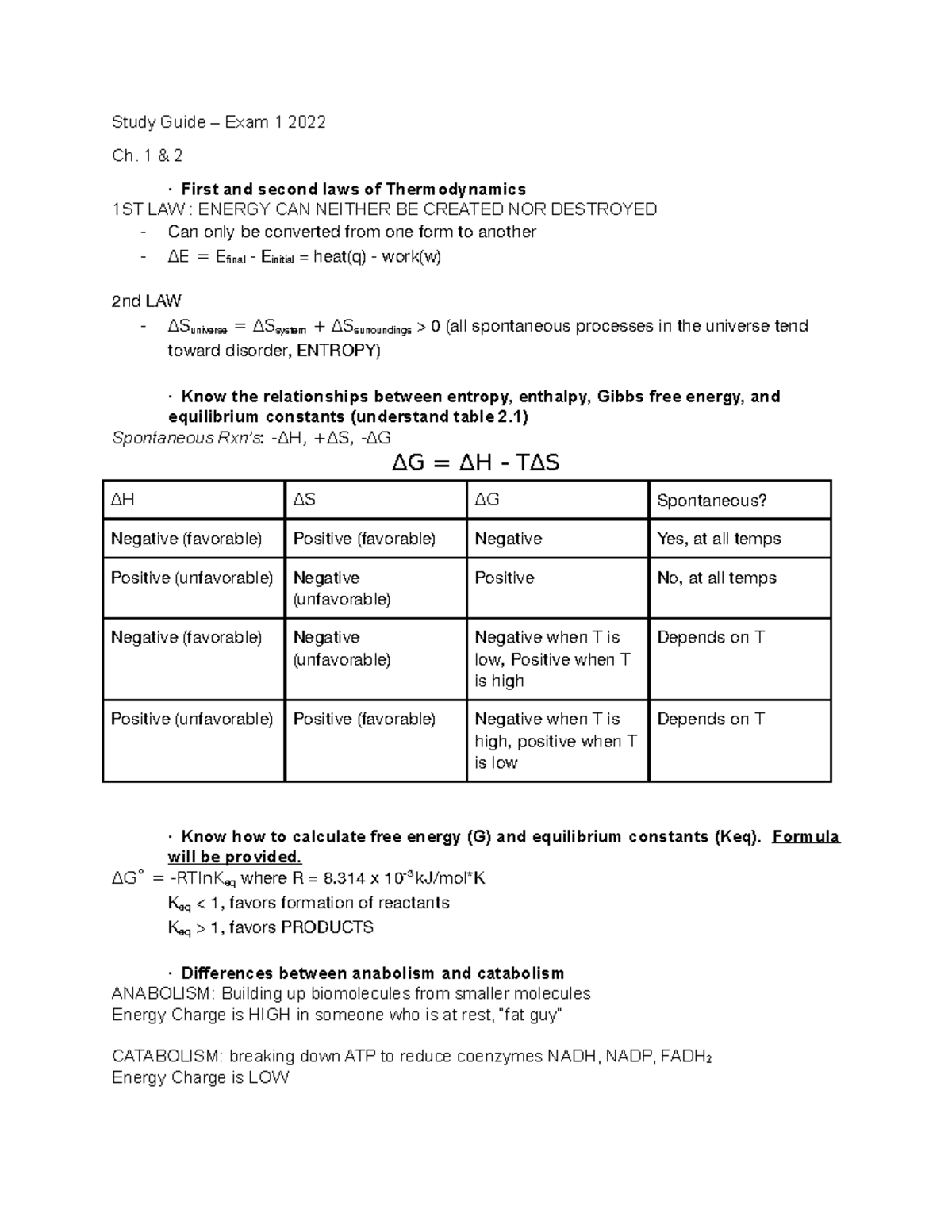 BIOC431 - EXAM ONE Study Guide - Study Guide – Exam 1 2022 Ch. 1 & 2 ...