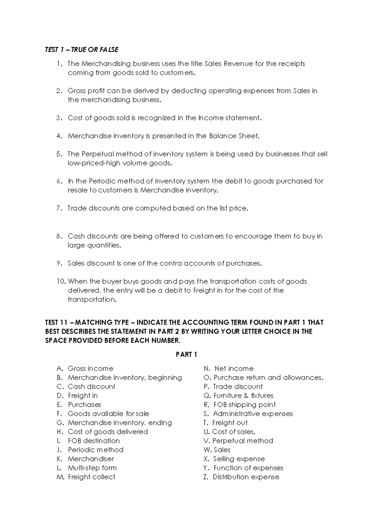 TEST 1 - Business Enhancement: True & False, Matching Type Questions ...