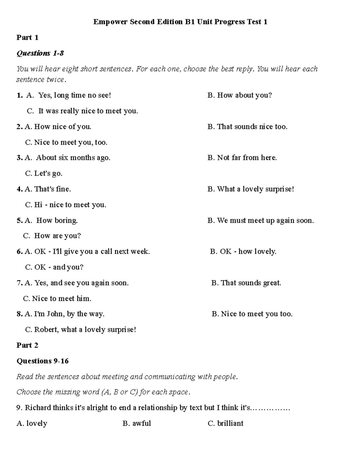 Empower B1 Unit Progress Test 1: Listening & Vocabulary Questions - Studocu