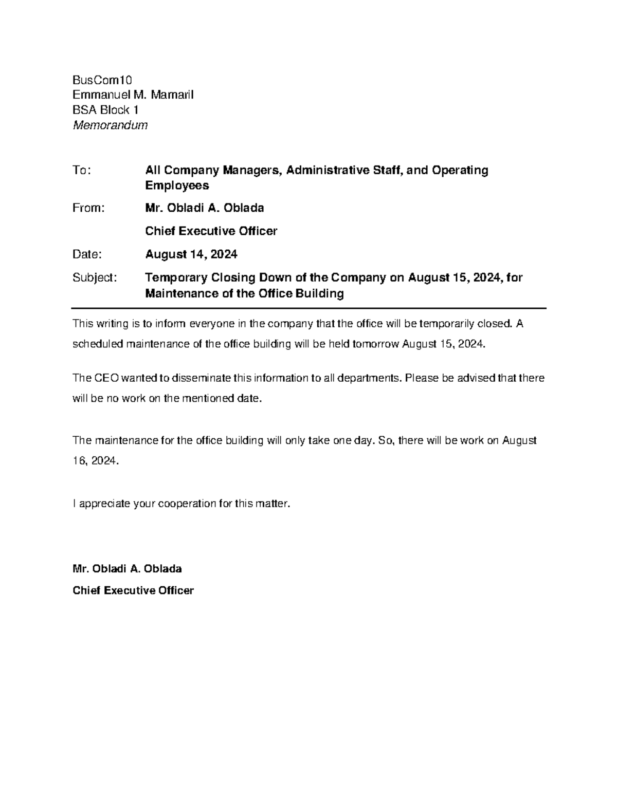 Bus Com 10 Memorandum: Office Closure Notice for Maintenance on Aug 15 ...