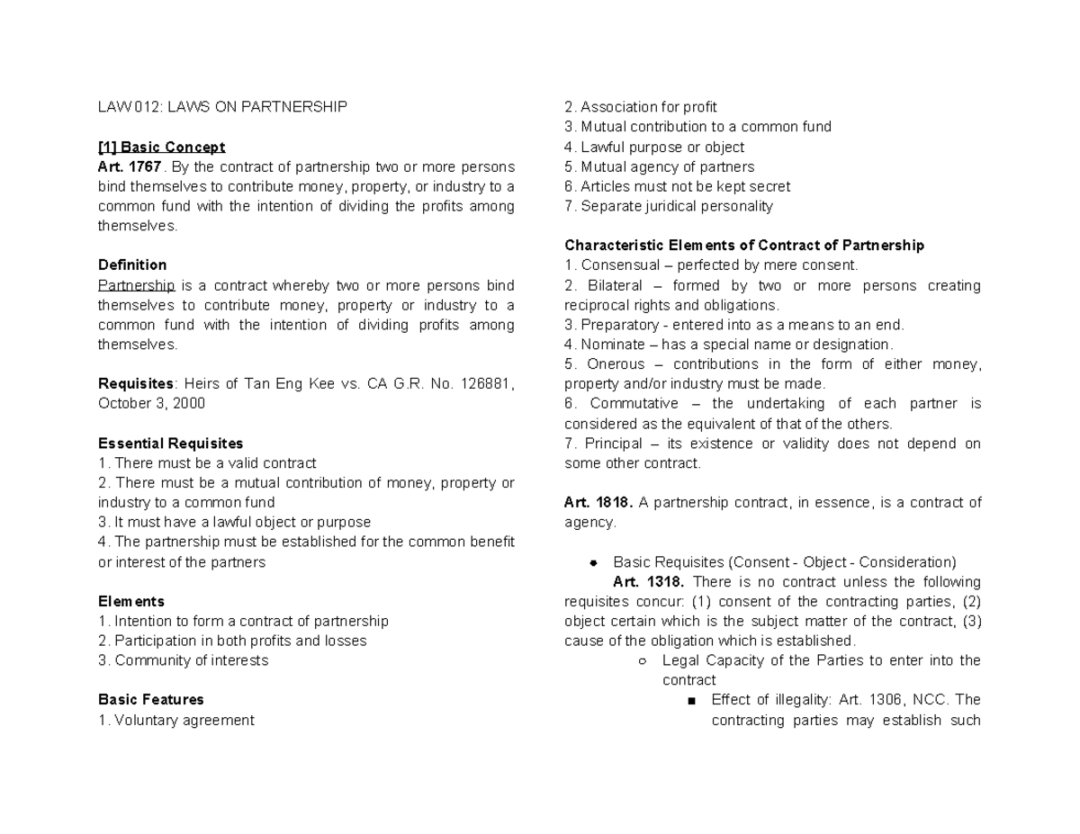 LAW 012: Partnership Concepts and Legal Framework Notes - Studocu