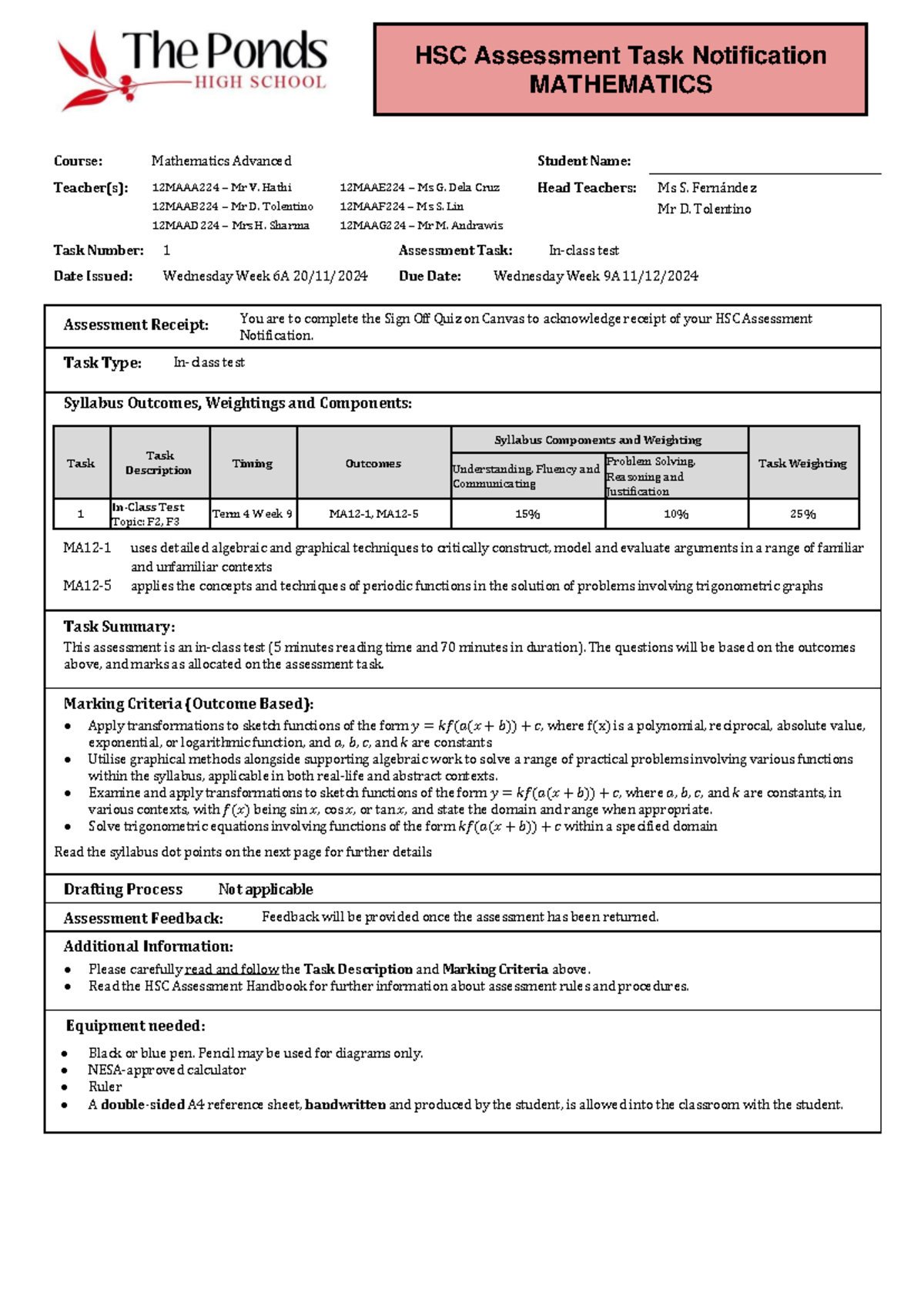 2024 12MAAE224 Assessment Task 1 Notification - Mathematics Advanced ...