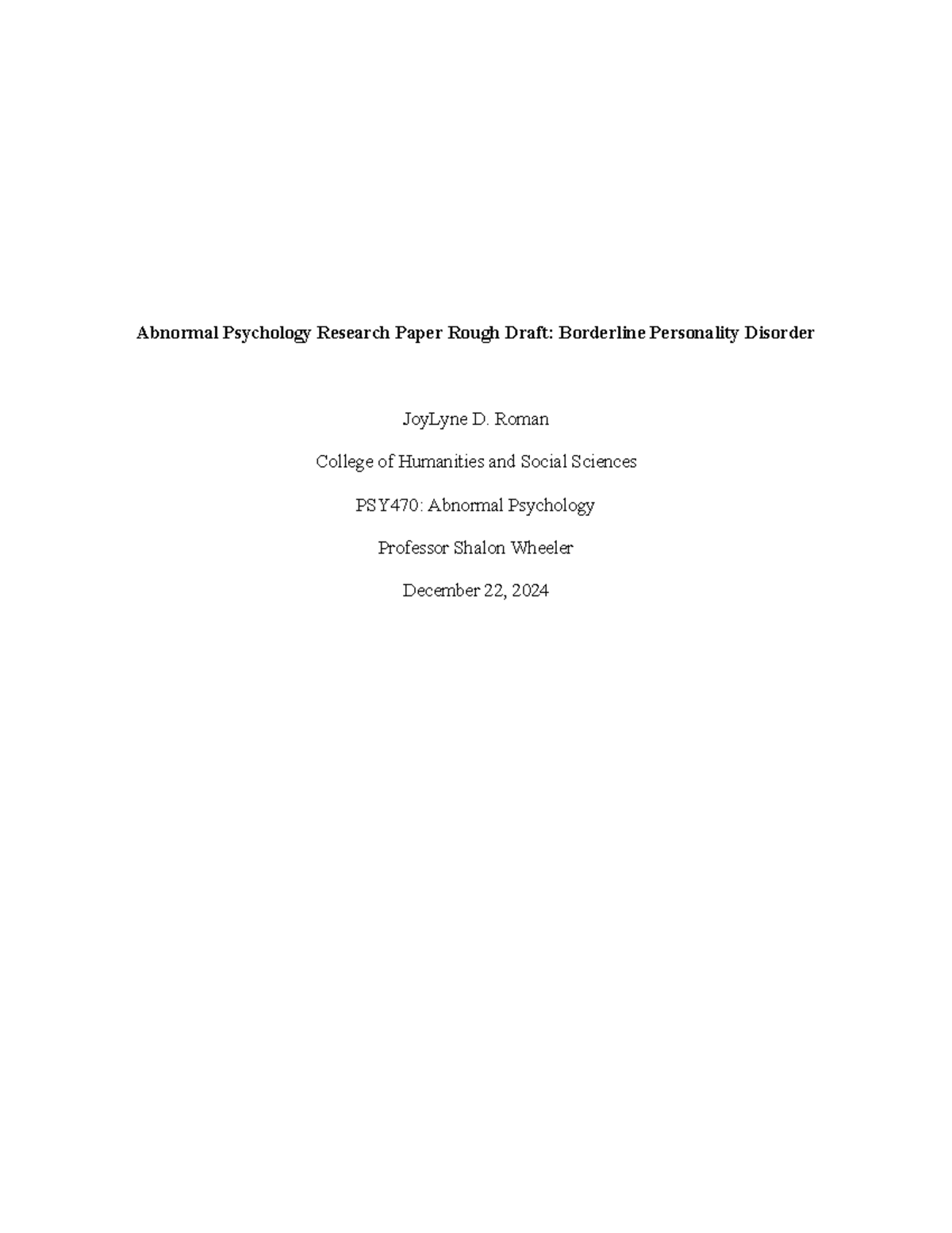 Bpd final draft - Abnormal Psychology Research Paper Rough Draft ...
