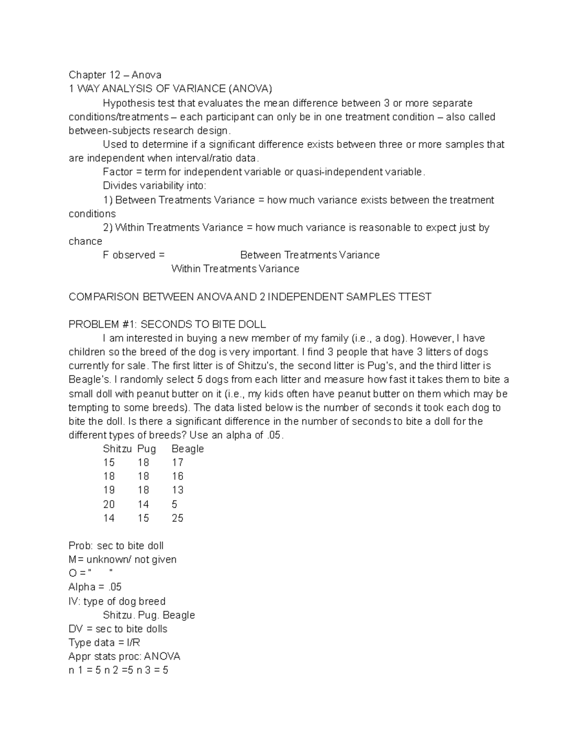 PSY211 - Notes week 10-12 - Chapter 12 – Anova 1 WAY ANALYSIS OF ...