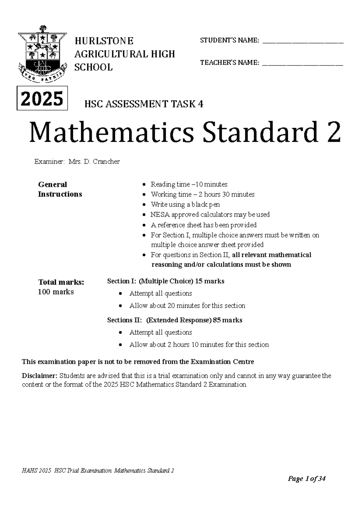 HAHS 2025 HSC Trial Examination Mathematics Standard 2 Solutions - Studocu