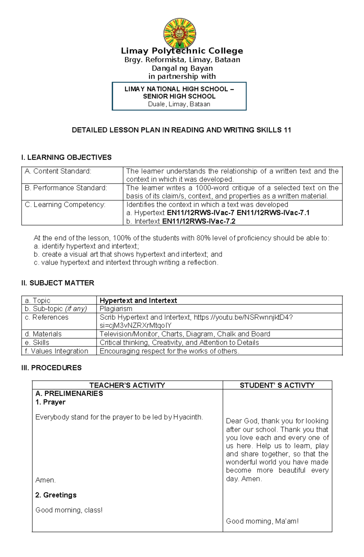 Detailed Lesson Plan in Reading & Writing Skills 11: Hypertext ...