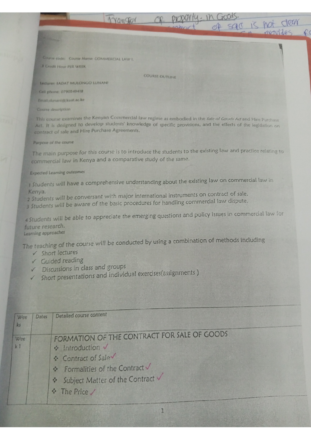 Commercial law 1 course outline - Transfer of property dear intract of ...