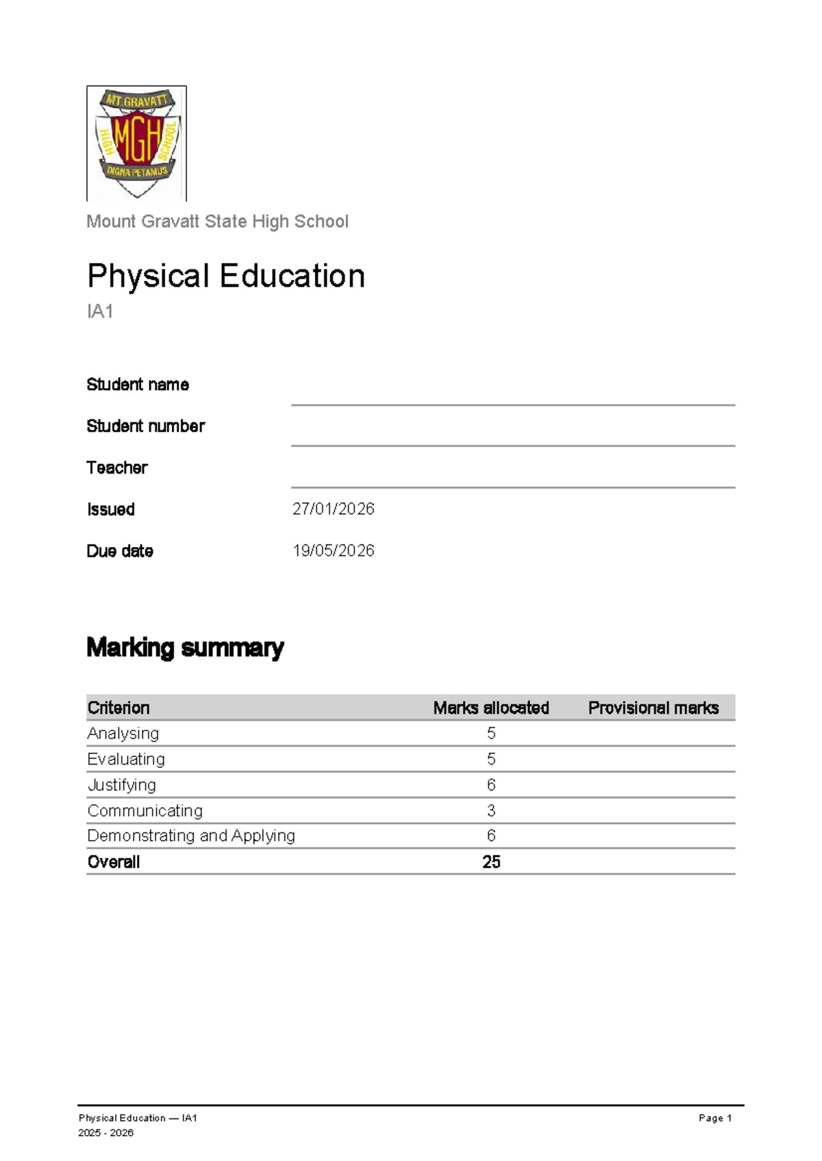 2026 PE IA1 Task Sheet: Tactical Awareness in Badminton - Studocu