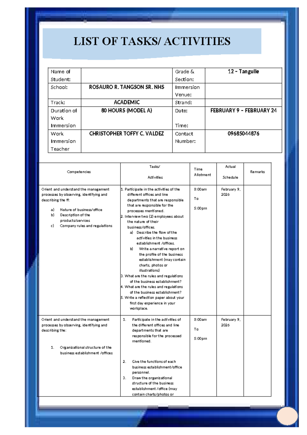Work Immersion - LIST OF Tasks and Activities (80 Hours) - Studocu