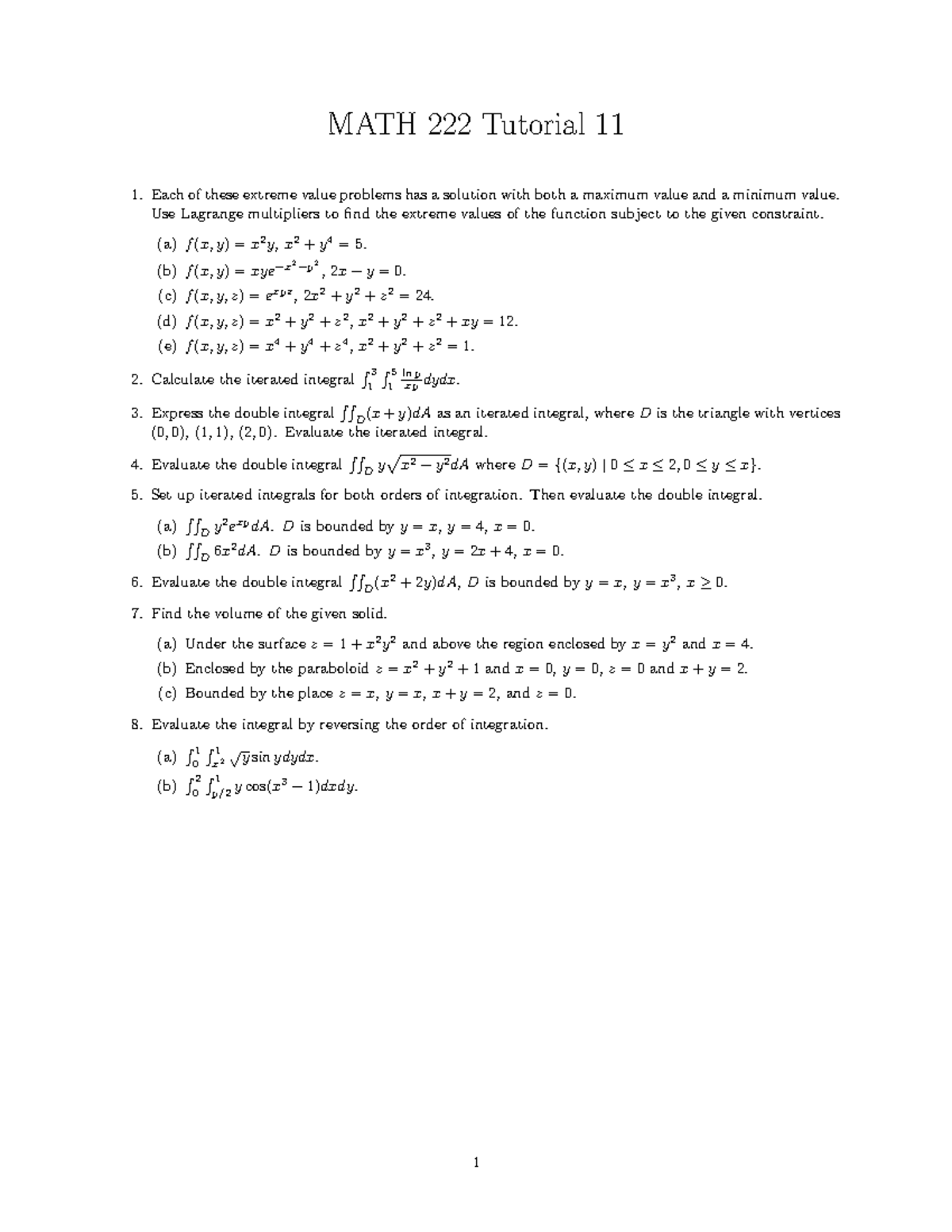 MATH 101 Tutorial 11: Extreme Value Problems & Integrals - Studocu