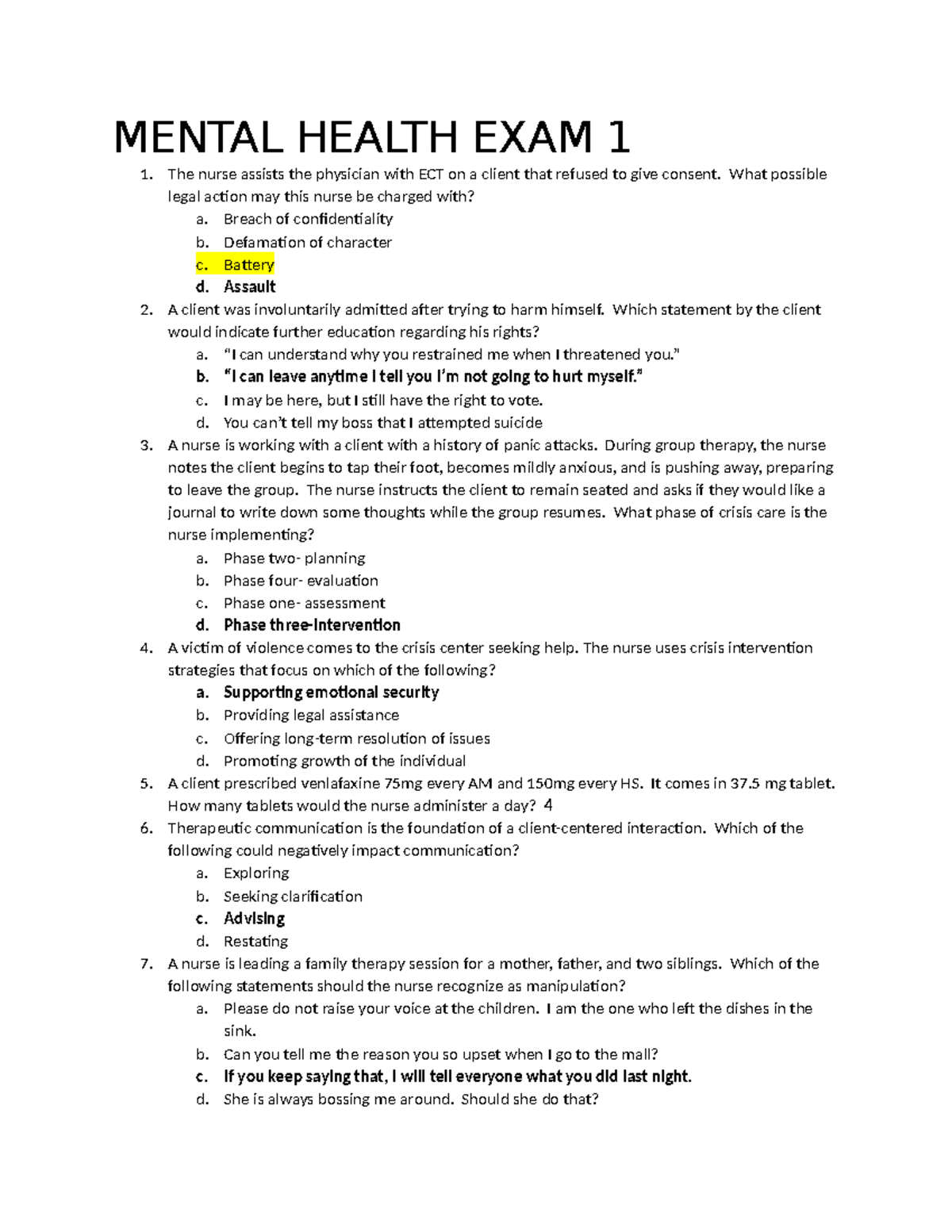 Mental Health Exam 1 Review - Concepts & Questions Exam 3 - Studocu