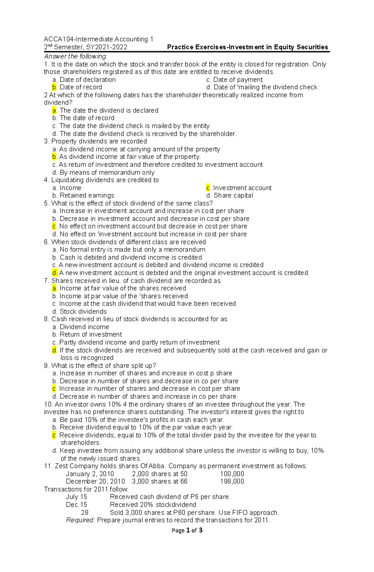 ACCA104 - Practice Exercises on Investment in Equity Securities - Studocu
