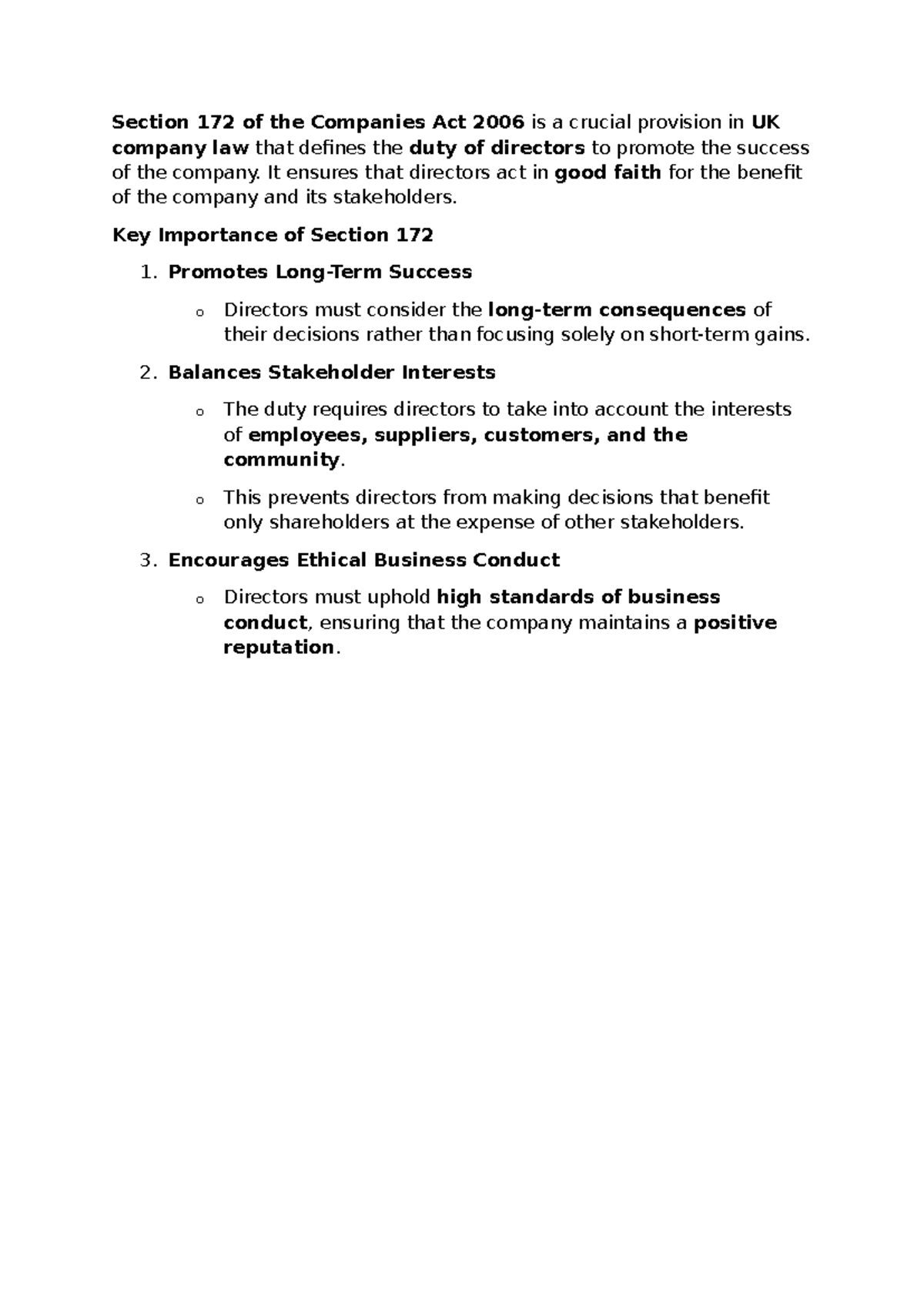 S172 DD Summary: Directors' Duty to Promote Company Success - Studocu