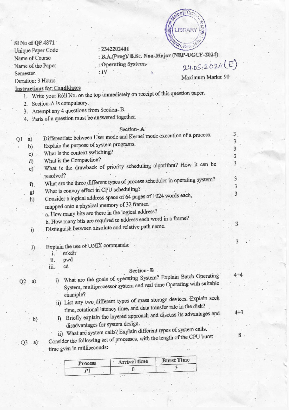 Operating Systems IV Sem Exam Paper - Unique Code 2342202401 - Studocu