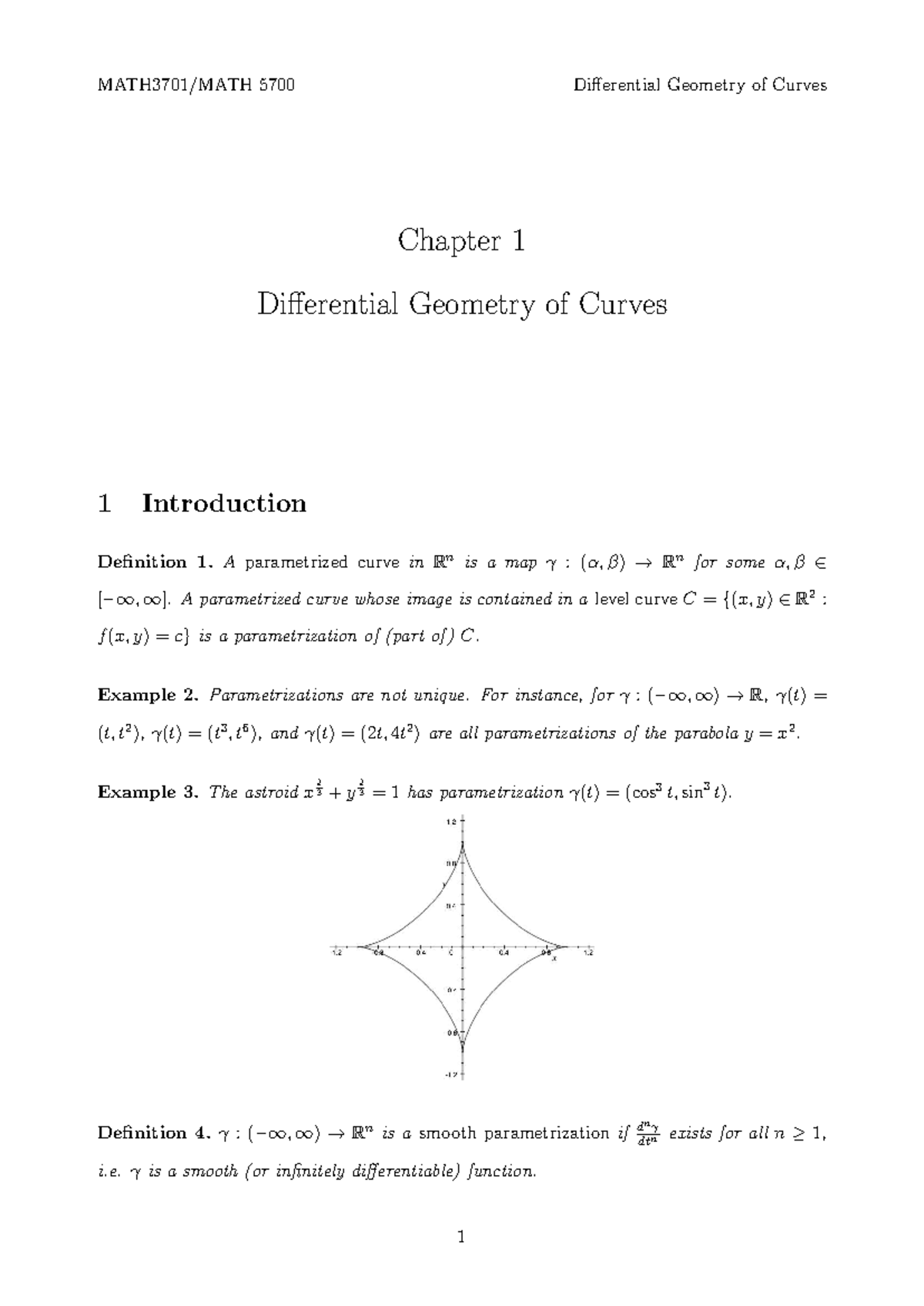 5700 Differential Geometry of Curves: Chapter 1 - Introduction to ...