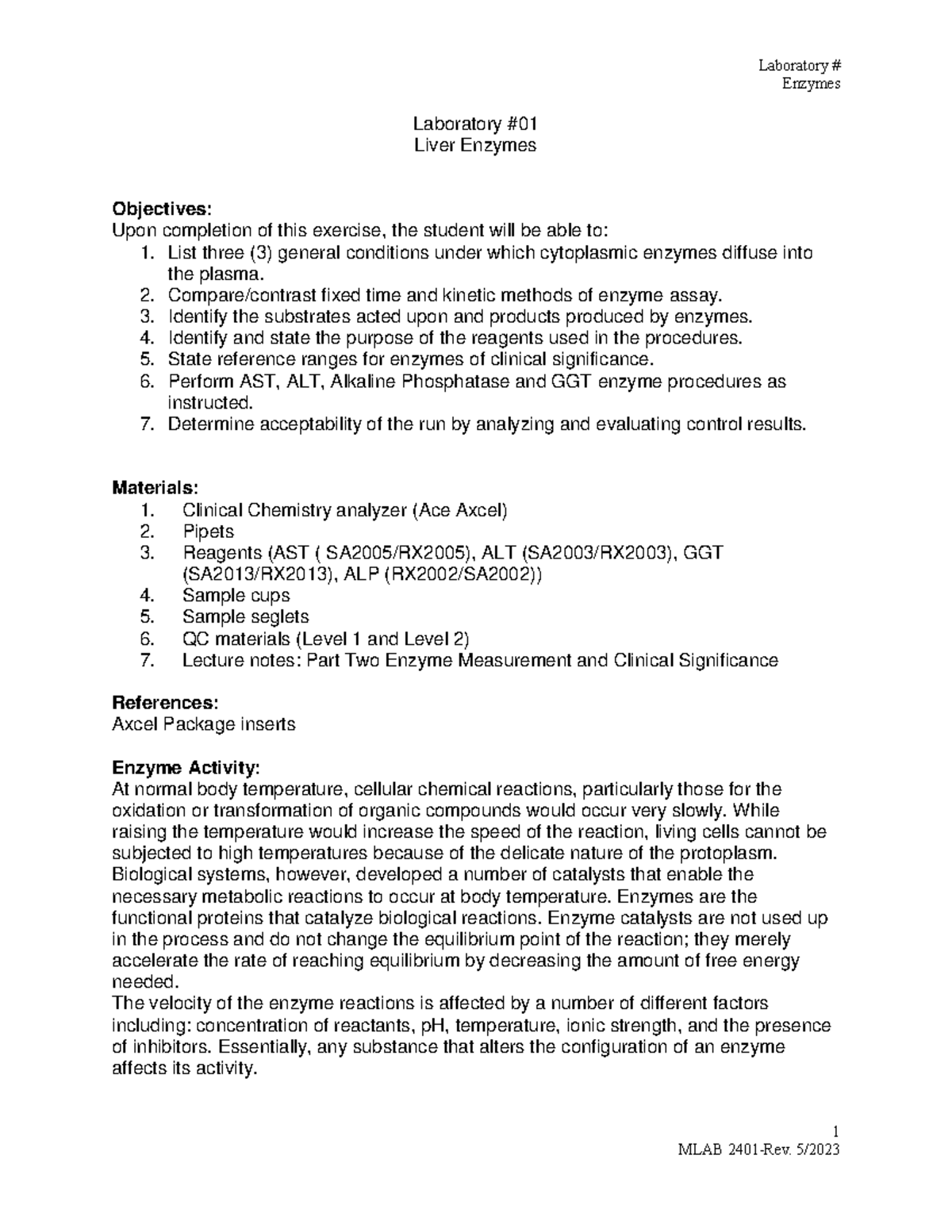 MLAB 01: Laboratory Liver Enzymes Study Guide and Procedures - Studocu